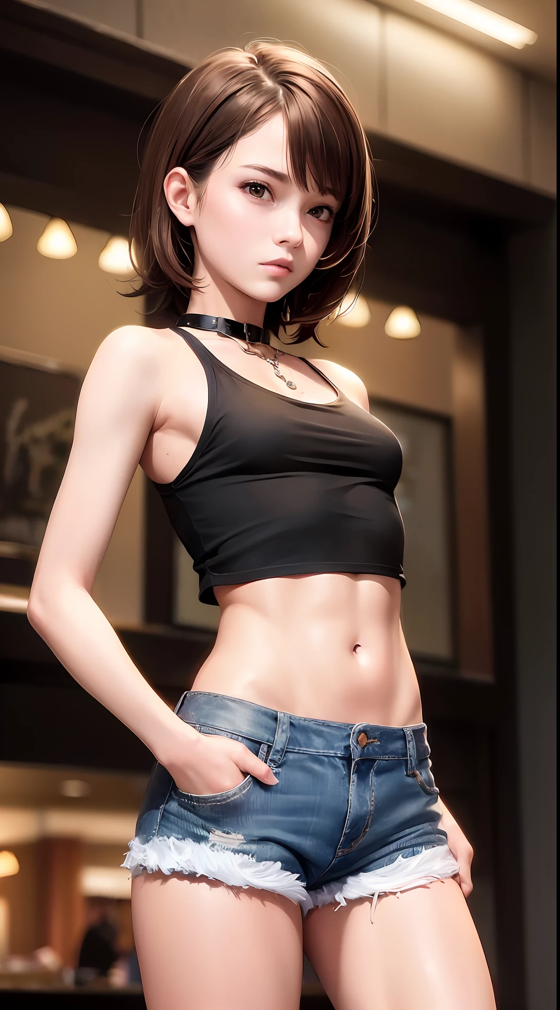 ((medium breast, tomboy girls, small head)), daylight, sunlight, (chiseled abs : 1.1), (perfect body : 1.1), (short wavy hair : 1.2) , auburn hair, collar, chain, full body shot, crowded street, wearing black tanktop, jeans jacket, ((shorts)), (extremely detailed CG 8k wallpaper), (an extremely delicate and beautiful), (masterpiece), (best quality:1.0), (ultra highres:1.0),  beautiful lighting ,perfect lightning, realistic shadows, [highres], detailed skin, ultra-detailed