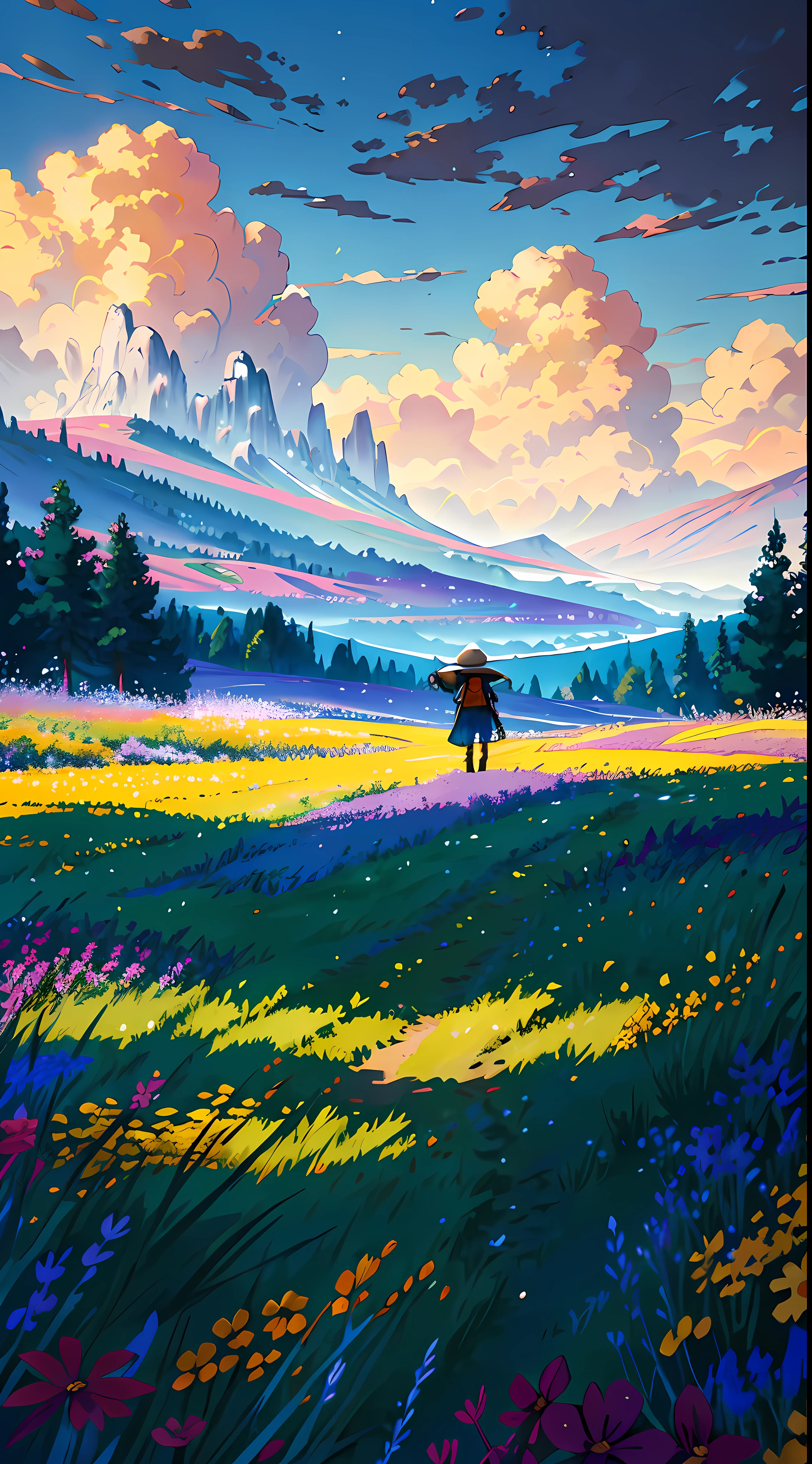A wide-landscape photo, with the blue sky above and an open field below. In the field, a girl is standing, immersed in a sea of colorful flowers, looking up. The bright sun (1:2) is radiant in the sky, tering its rays of golden light throughout the scene. In the background, distant mountains provide a majestic landscape. Leafy BREAK Crafting Art trees add soft shadows to the field. The warm light (1.2) from the sun creates a play of vibrant colors, with shades of purple and orange spreading throughout the environment. Intricate details and volumetric lighting BREAK (Masterpiece: 1.2) highlight the stunning beauty of the scene. The image quality is 4K, ultra detailed, capturing each element perfectly. The dynamic composition (1.4) gives movement and fluidity to the image, while vivid colors and a rainbow (1.2) add a magical touch. The bright atmosphere and atmospheric lighting create a sense of dreaminess and enchantment. The soil (1.2) is rich in detail and color, complementing the natural beauty of the landscape