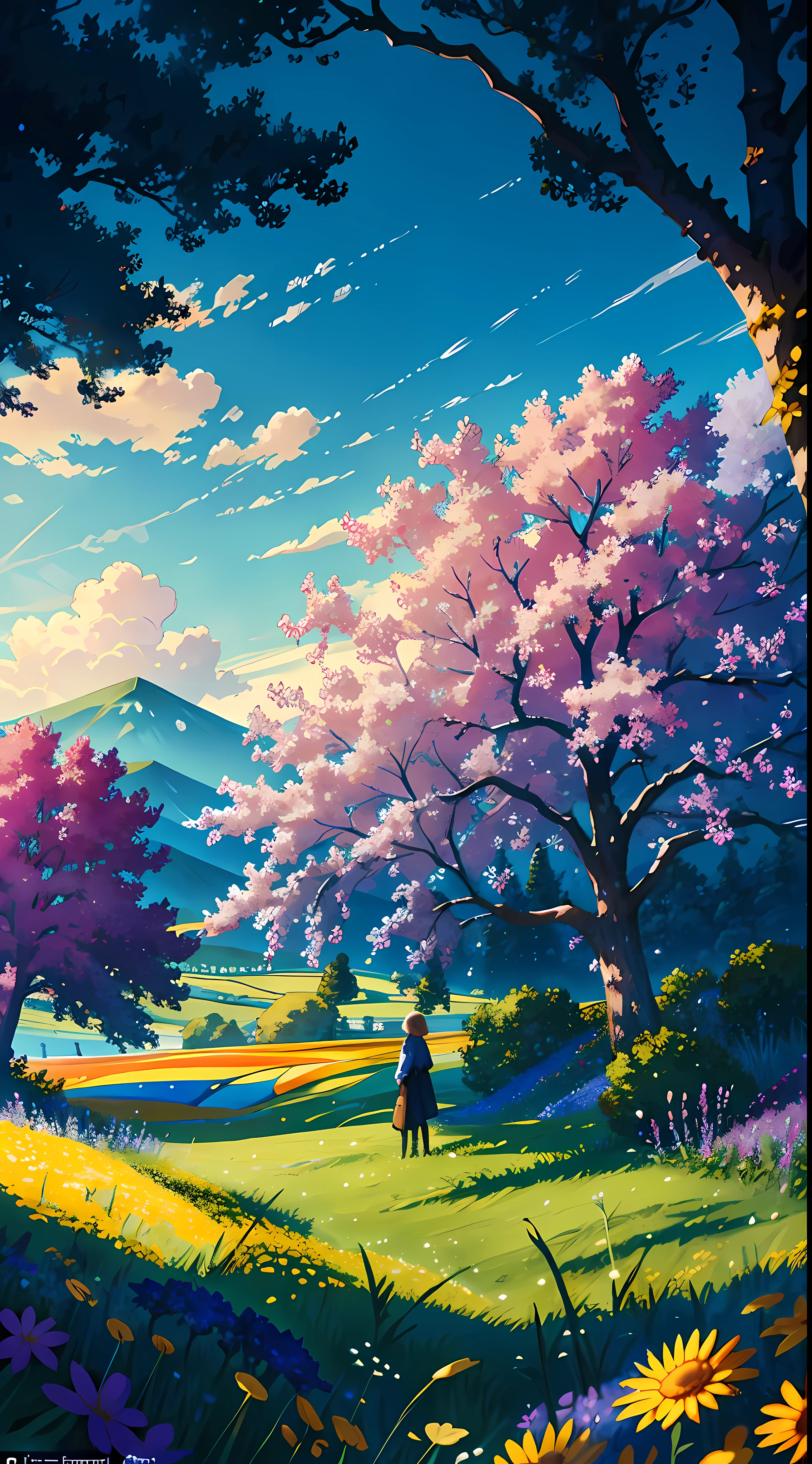A wide-landscape photo, with the blue sky above and an open field below. In the field, a girl is standing, immersed in a sea of colorful flowers, looking up. The bright sun (1:2) is radiant in the sky, scattering its rays of golden light throughout the scene. In the background, distant mountains provide a majestic landscape. Leafy BREAK Crafting Art trees add soft shadows to the field. The warm light (1.2) from the sun creates a play of vibrant colors, with shades of purple and orange spreading throughout the environment. Intricate details and volumetric lighting BREAK (Masterpiece: 1.2) highlight the stunning beauty of the scene. The image quality is 4K, ultra detailed, capturing each element perfectly. The dynamic composition (1.4) gives movement and fluidity to the image, while vivid colors and a rainbow (1.2) add a magical touch. The bright atmosphere and atmospheric lighting create a sense of dreaminess and enchantment. The soil (1.2) is rich in detail and color, complementing the natural beauty of the landscape