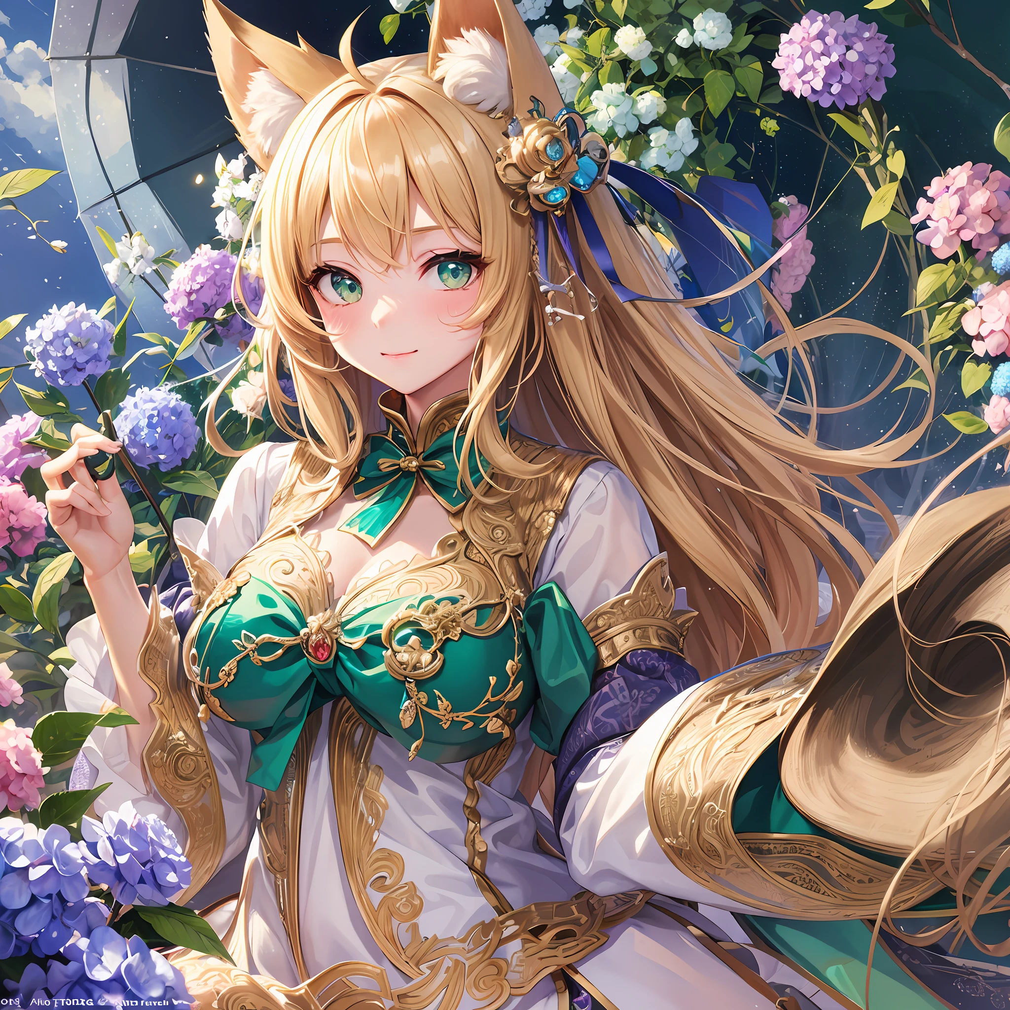beautiful detailed girl, beautiful detailed glow, cute, {{{{1 girl}}}}, soro, blond hair, long hair, green eyes, tareme, ahoge, cat ears, {{{{cat Tail, }}}}, medium breasts, hime cut, blush, red parasol, hydrangea, illustration, masterpiece, best quality --auto --s2