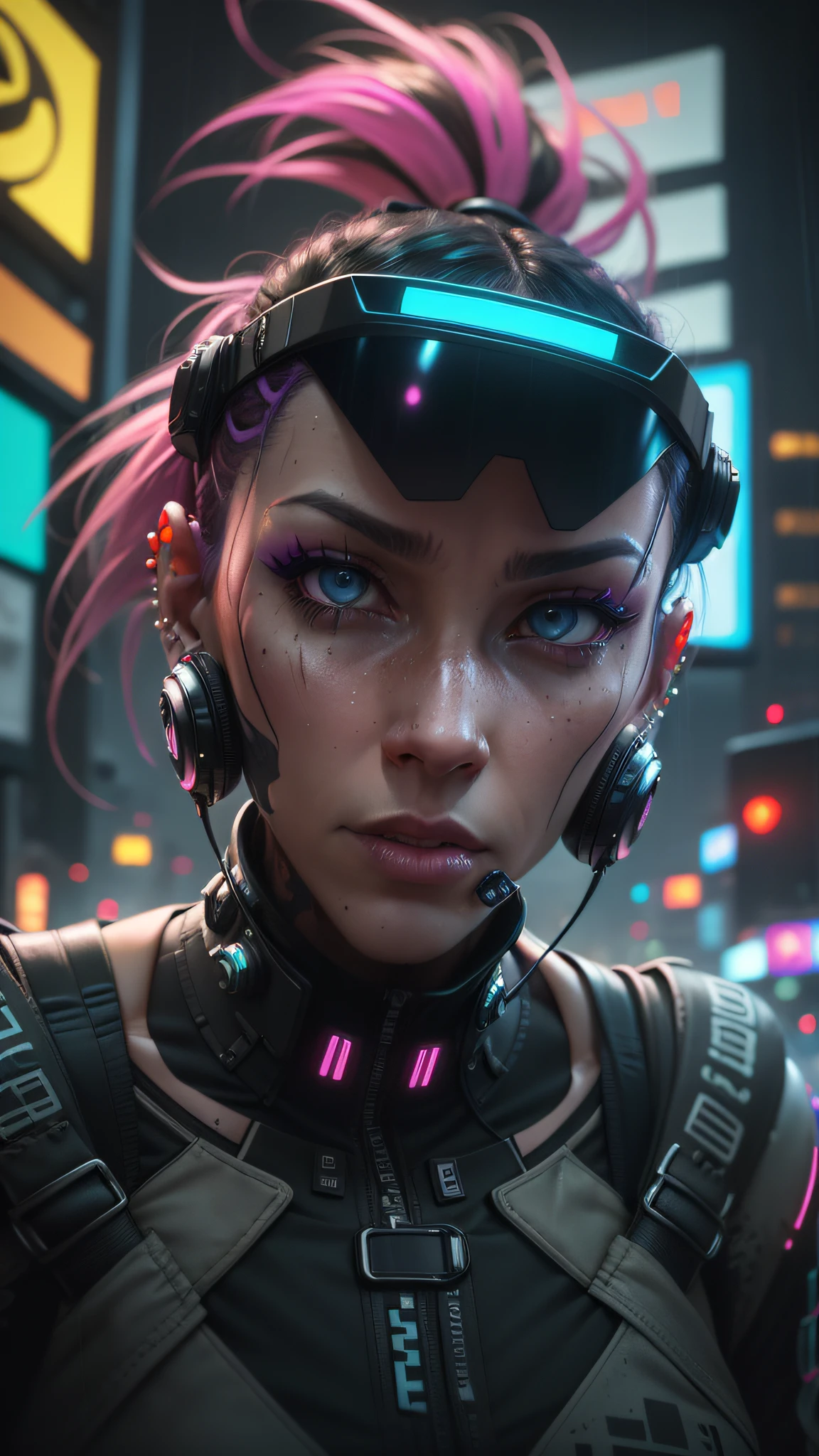 Abstract colors, texture, film grain, skin pores, dusty atmospheric mist, vignettes, wrinkles:0.2 intricate hasselblad dslr RAW dramatic portrait photo of a (cyberpunk woman)1.2 with an intense look, a futuristic renegade wearing (tight cybernet-enhanced suit)1.4, wearing a (technological visor)1.2, (neon colored hair)1.3, (piercings)1.1, unfiltered eye contact selfie,  posing against a digital holographic billboard overlooking a rainy cityscape (cyberpunk neon)1.2 at night, (backlit)1.2, (grain of film)1.2, cinematic frame of film, combat boots, intricate tattoos, intense expression. --auto --s2