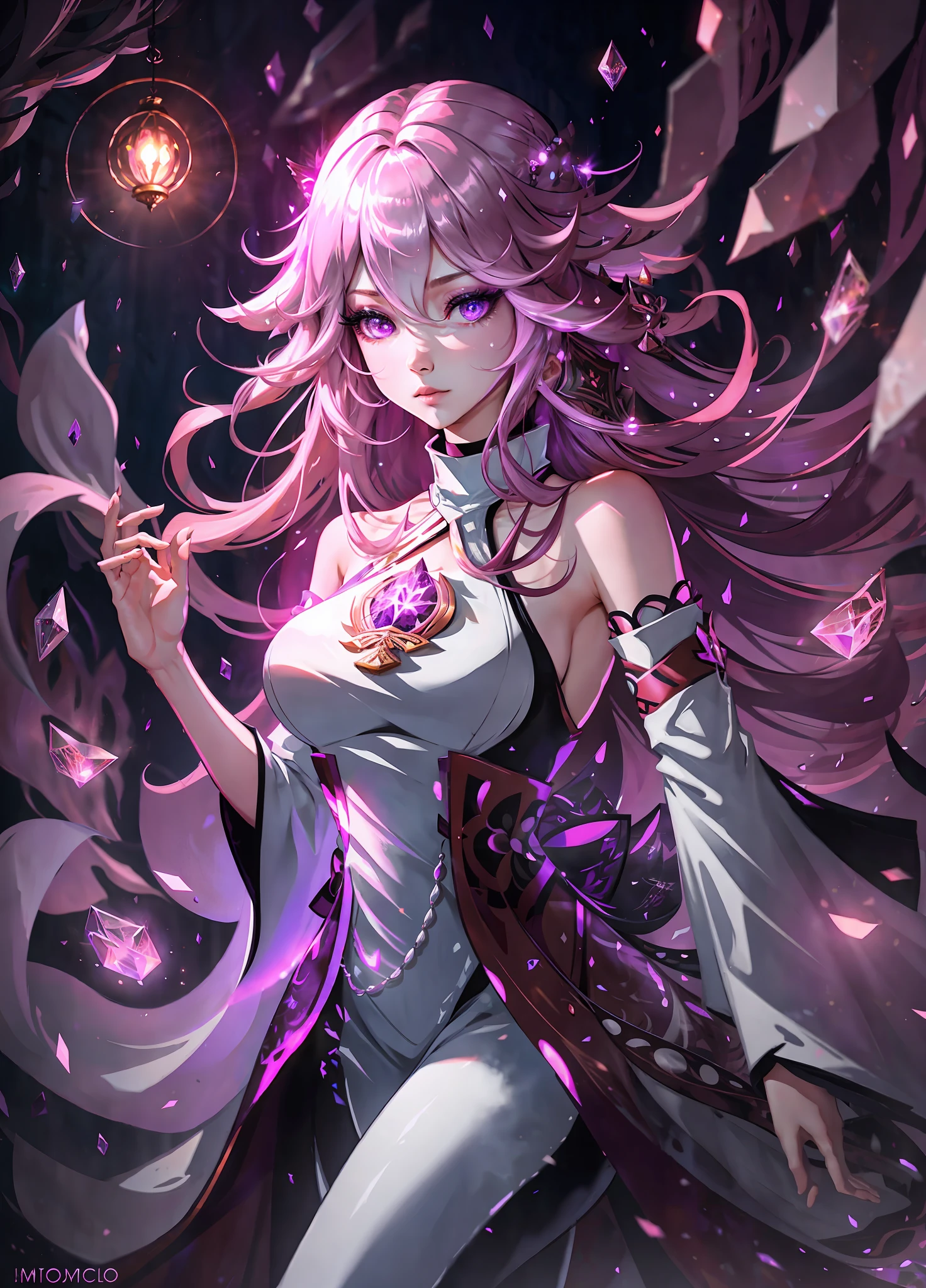 full shot body photo, illustration, cinematic light, horror, highest quality, ultra-detailed, best quality, masterpiece, (detailed face), tall and mature woman, a tall dress covered full body made black , white pants, , glowing flowing sparkles, floating ember crystals, scary hair jewelry, the metal reflecting light, house , long hair, pink hair, yae miko, purple eyes, glowing floating spiders, emitting magic energy, dark, light reflection, horror theme --s2