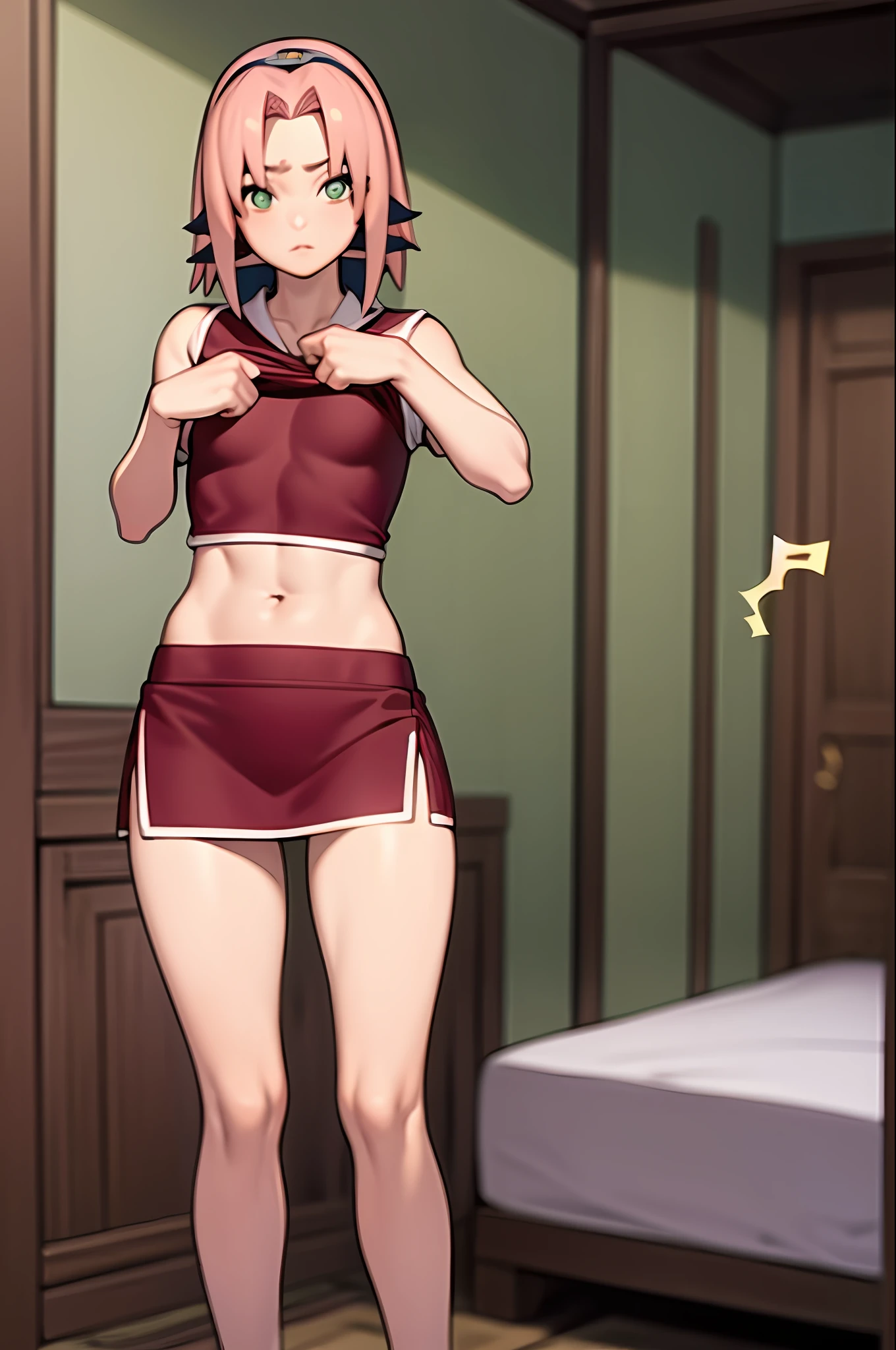 masterpiece, best quality, 1girl, Sakura Haruno, small breasts, toned, looking at the viewer, school uniform, lifting shirt, thigh socks, midriff, in bed, sun, mini skirt raised, naked (green eyes: 0.6)