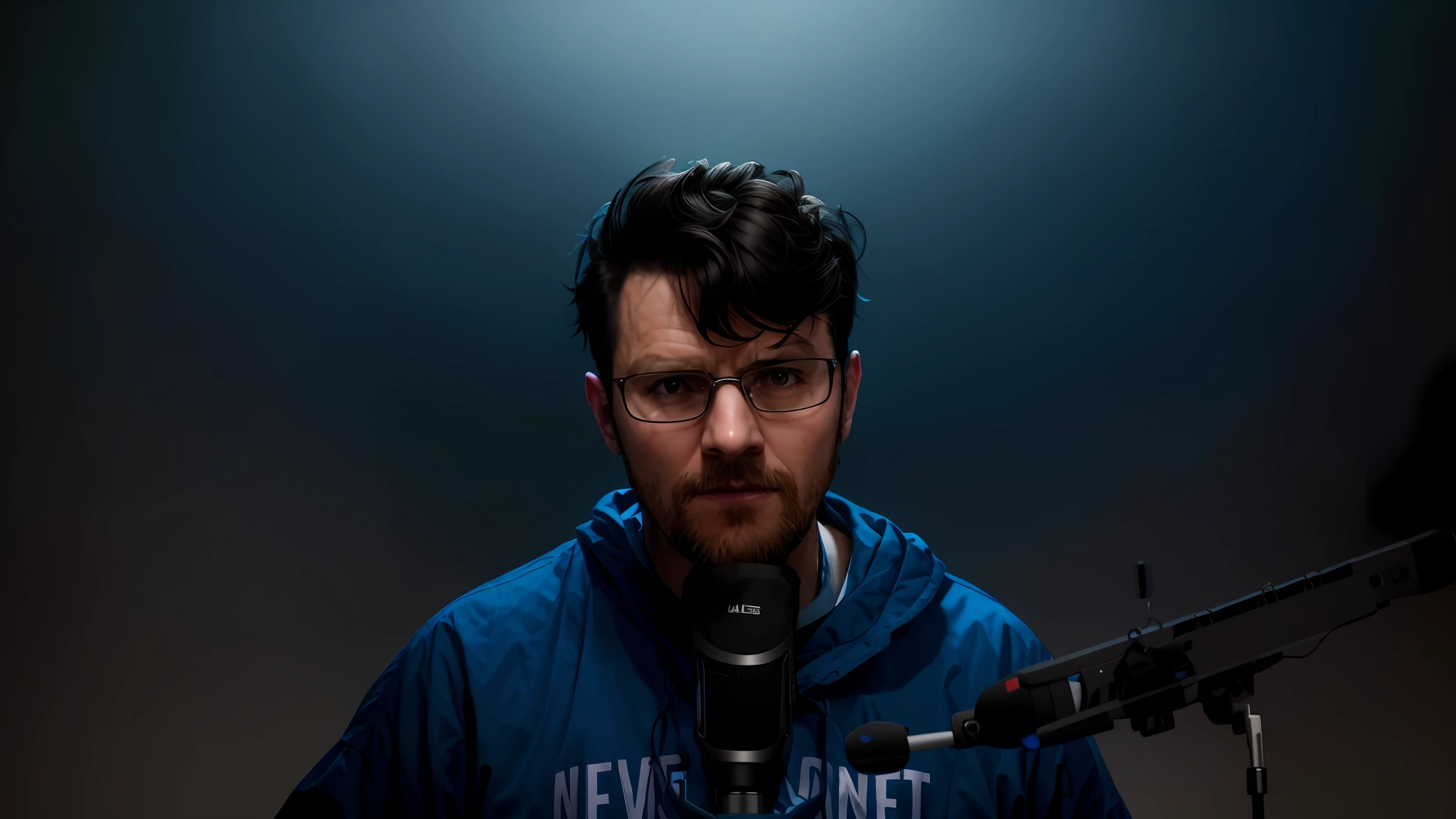 there is a man with a blue shirt holding a microphone, twitch streamer / gamer ludwig, halfbody headshot, discord profile picture, twitch streamer, nft portrait, bottom lighting, cinematic bust shot, fvckrender, neckbeard, profile picture 1024px, 8k portrait render, avatar image, high quality portrait, headshot profile picture, discord pfp