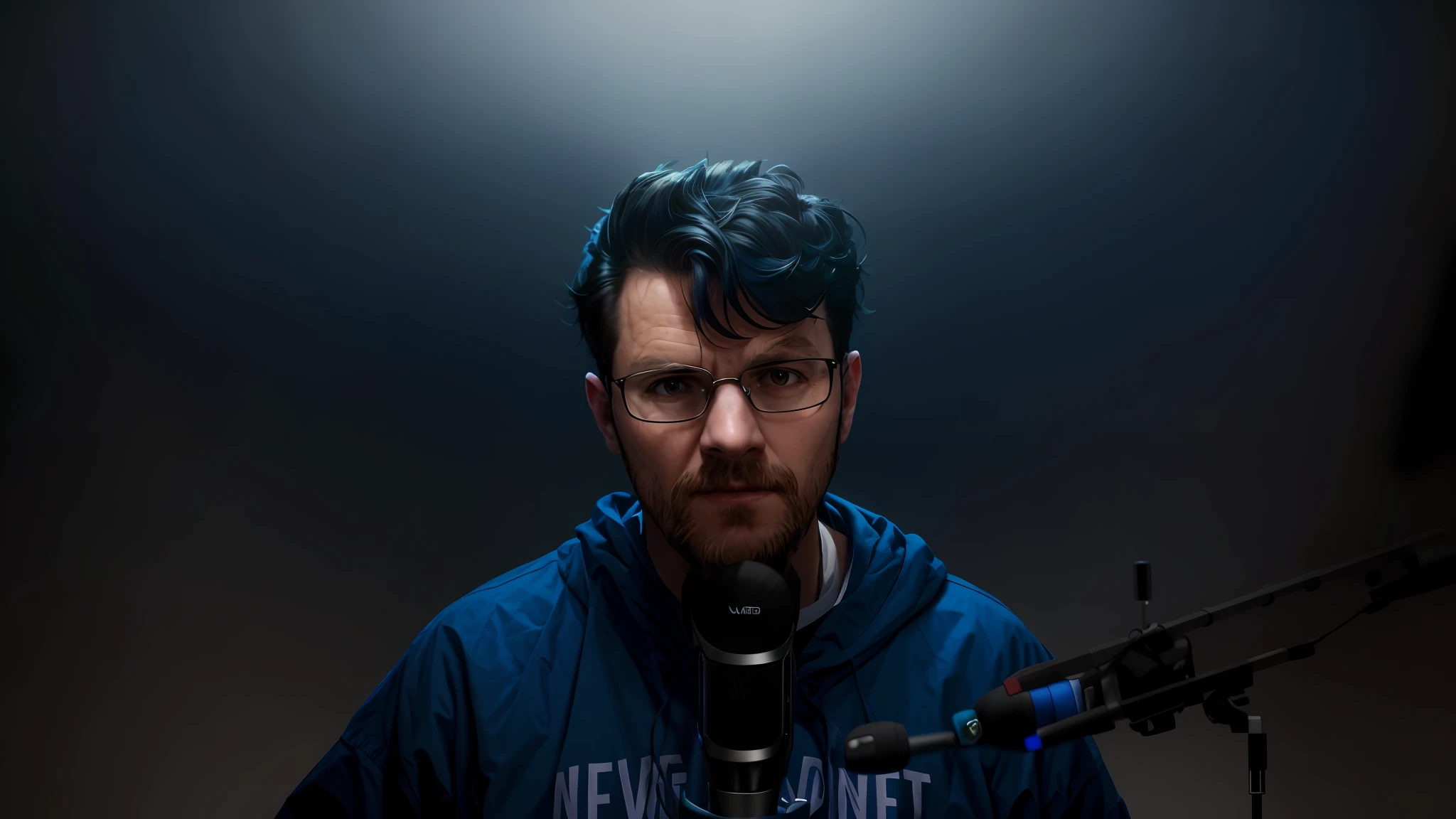 there is a man with a blue shirt holding a microphone, twitch streamer / gamer ludwig, halfbody headshot, discord profile picture, twitch streamer, nft portrait, bottom lighting, cinematic bust shot, fvckrender, neckbeard, profile picture 1024px, 8k portrait render, avatar image, high quality portrait, headshot profile picture, discord pfp
