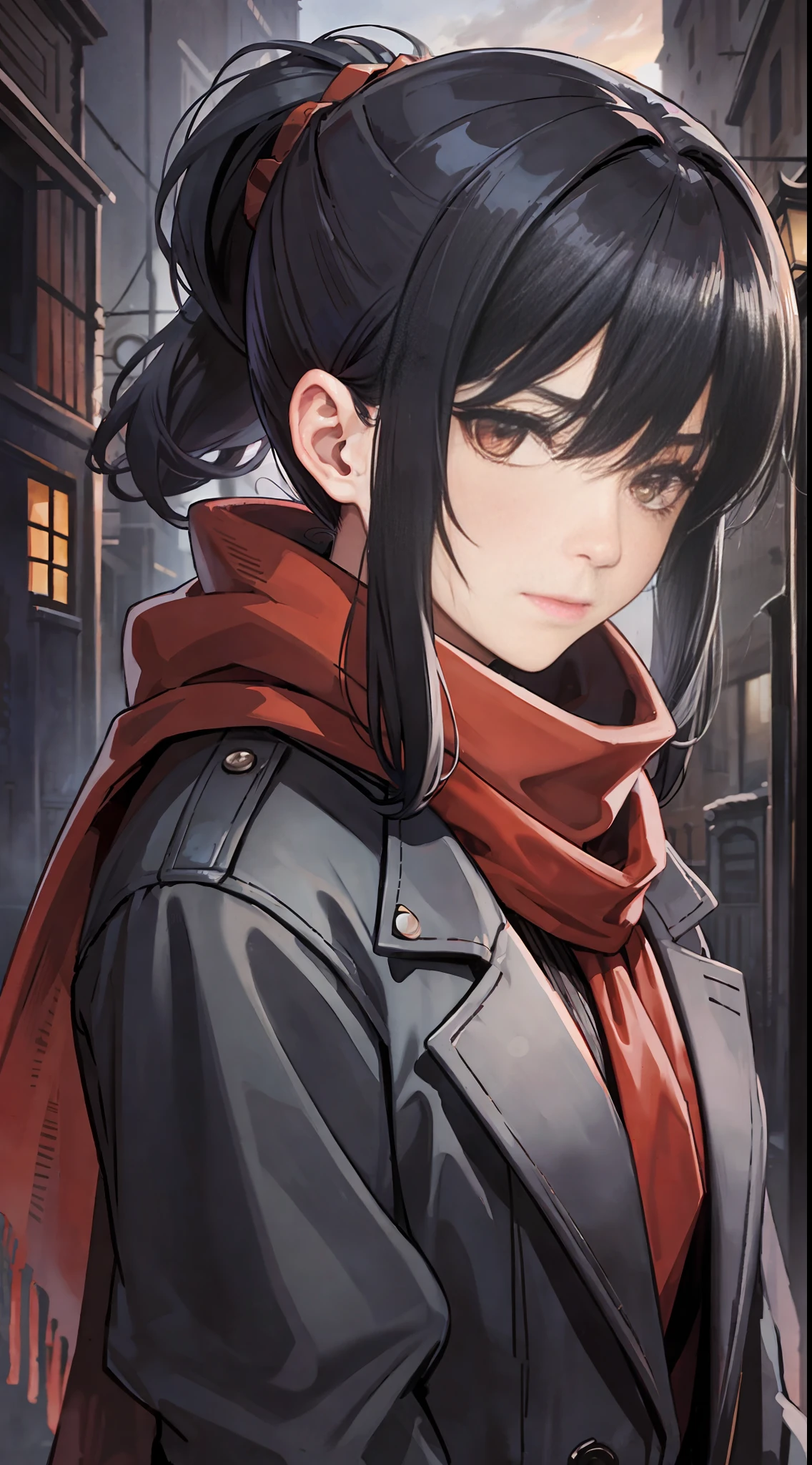 A girl with black hair and brown eyes, ponytail, dark, creepy atmosphere, melancholic stare, sad, looking at viewer, long brown trenchcoat, flowing red scarf, windy weather, mysterious eyes, masterpiece, super detailed, epic composition, super HD, high quality, extremely detailed, solo, Danzig, Gdansk, old european town, docks, dark alleyway, glowing red eyes, night, shadows, watercolor, expressionist, character portrait,
