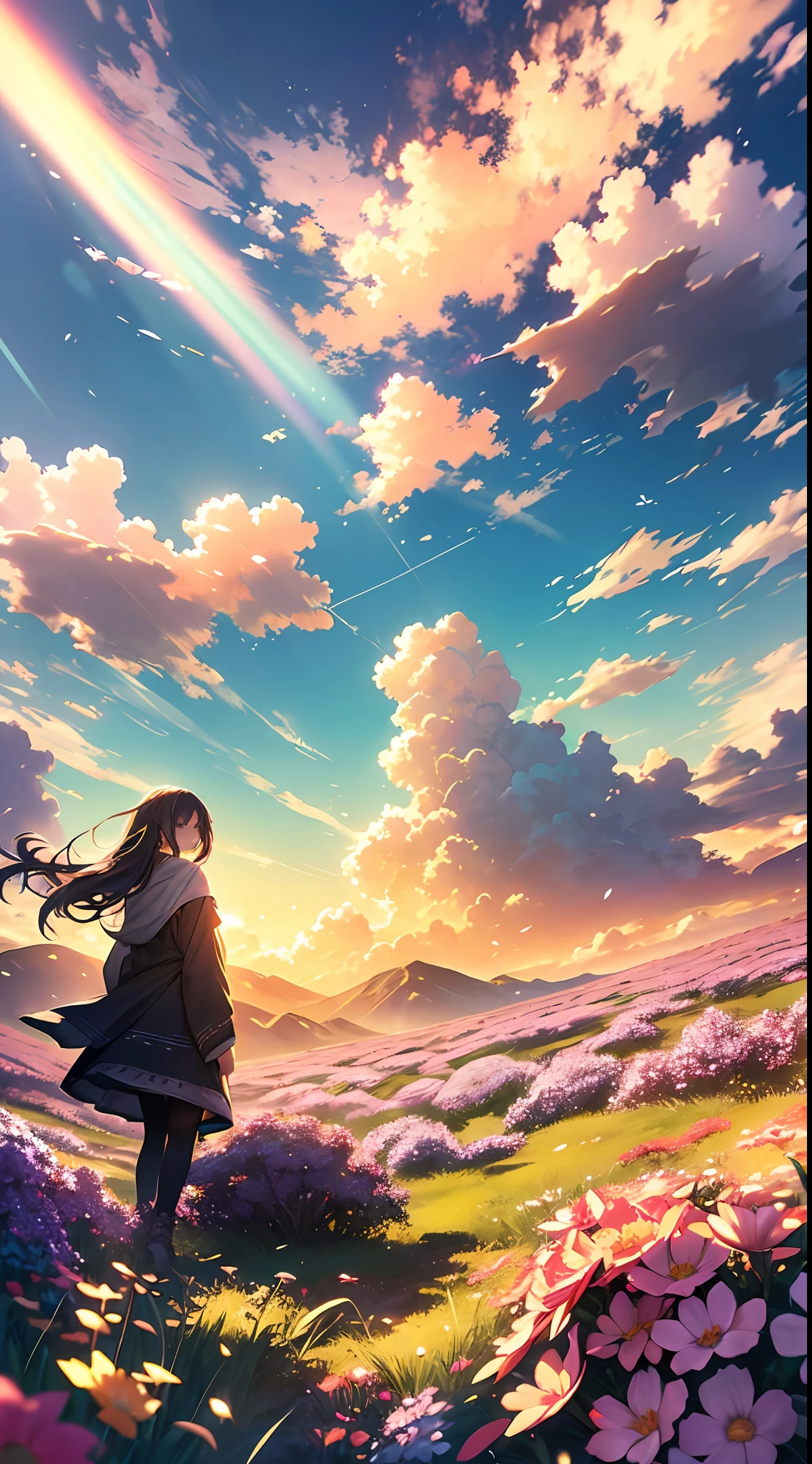 A wide-landscape photo, with the blue sky above and an open field below. In the field, a girl is standing, immersed in a sea of colorful flowers, looking up. The bright sun (1:2) is radiant in the sky, scattering its rays of golden light throughout the scene. In the background, distant mountains provide a majestic landscape. Leafy BREAK Crafting Art trees add soft shadows to the field. The warm light (1.2) from the sun creates a play of vibrant colors, with shades of purple and orange spreading throughout the environment. Intricate details and volumetric lighting BREAK (Masterpiece: 1.2) highlight the stunning beauty of the scene. The image quality is 4K, ultra detailed, capturing each element perfectly. The dynamic composition (1.4) gives movement and fluidity to the image, while vivid colors and a rainbow (1.2) add a magical touch. The bright atmosphere and atmospheric lighting create a sense of dreaminess and enchantment. The soil (1.2) is rich in detail and color, complementing the natural beauty of the landscape