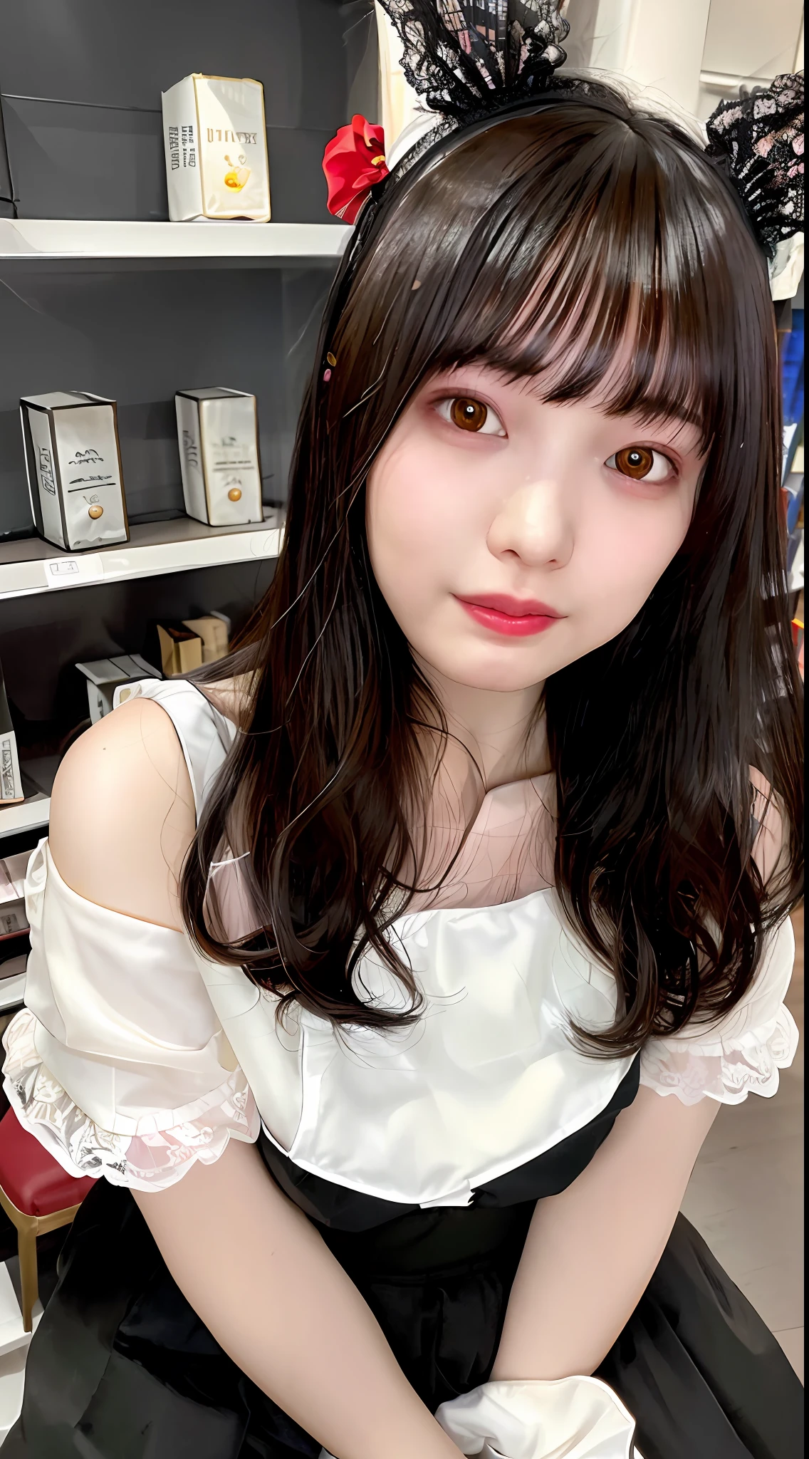 (8k, RAW photo, best quality, masterpiece:1.2), (realistic, photo-realistic:1.37), best quality, ultra high res, 
a woman with long hair wearing a black dress and a bunny ears headpiece in front of a bookcase, 1girl, 3d, animal_ears, bar, bare_shoulders, black_dress, blur_censor, blurry, blurry_background, blurry_foreground, bokeh, book, book_stack, bookshelf, building, bunny_hair_ornament, chair, chromatic_aberration, cosplay_photo, depth_of_field, dress, figure, film_grain, focused, hair_ornament, hairclip, holding_book, indoors, library, long_hair, looking_at_viewer, menu, motion_blur, open_book, photo_\(medium\), photo_background, photo_inset, photorealistic, rabbit_ears, red_lips, shelf, shop, shopping, sitting, solo, storefront, voile,