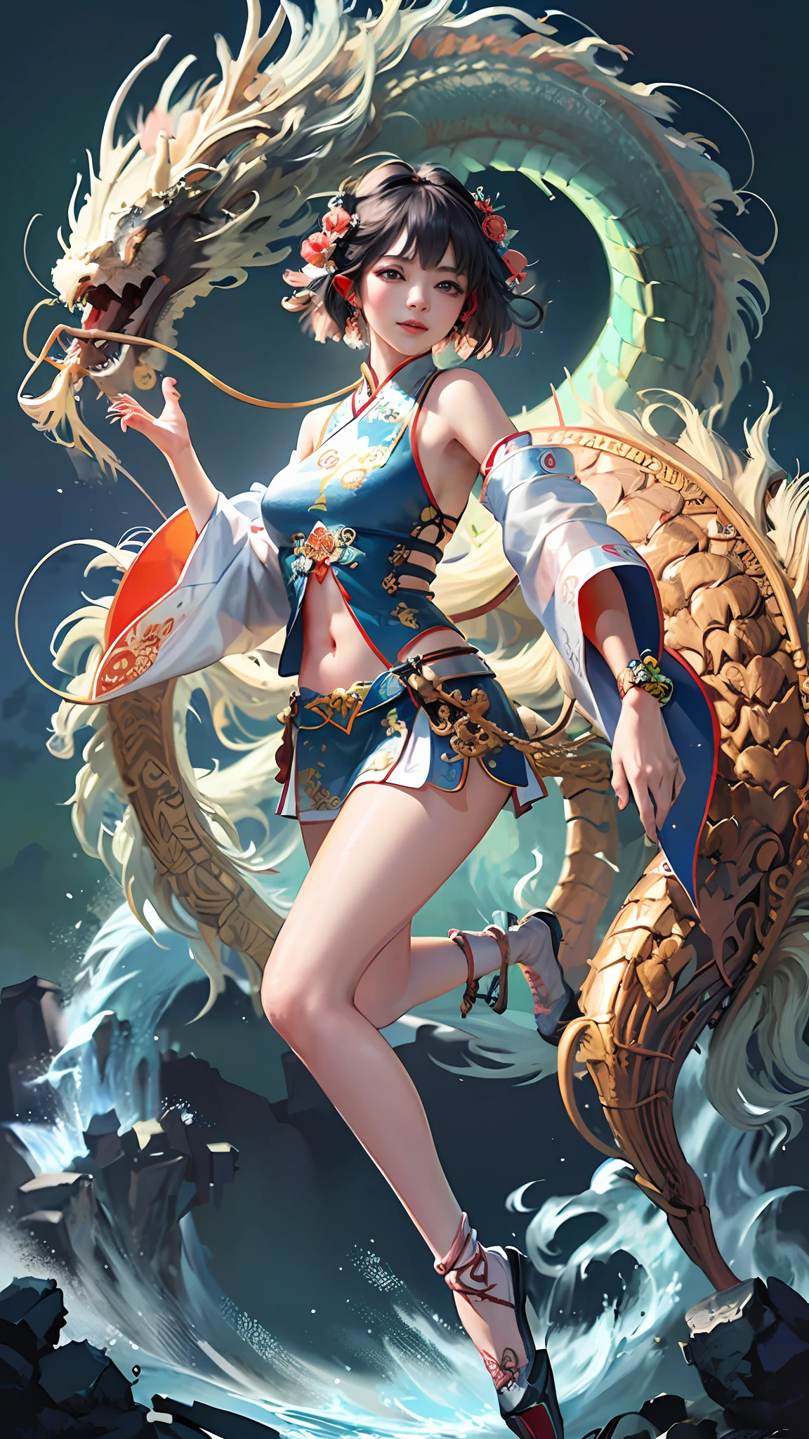 Official Art, Unified 8K Wallpapers, Ultra Detailed, Beautiful and Aesthetic, Masterpiece, Best Quality, (Zentangle, Tangle, Entangle), (fractal art: 1.4), 1girl, black hair, Chinese, bare shoulders, short skirt, calf, navel, very detailed, dynamic angle, cowboyshot, (most beautiful form chaos), flowing, (bright colors), oc, (half: 1.2), china, (thangka flying sky: 1.5), (ribbon: 1.3), (dream: 1.5), (hanfu: 1.5), Chinese dragon, Chinese phoenix, (smile: 0.5), (Chinese deity),