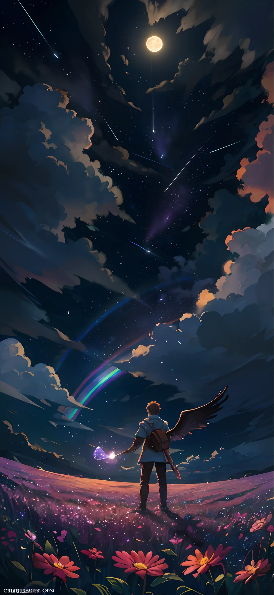 Vast landscape photo, (viewed from below, the sky is above and the open field is below), a boy with wings both side of his back, standing on a flower field looking up, (full moon: 1.2), (meteor: 0.9), (nebula: 1.3), distant mountains , Trees BREAK Crafting Art, (Warm Light: 1.2), (Fireflies: 1.2), Lights, Lots of Purple and Orange, Intricate Details, Volumetric Lighting, Realism BREAK (Masterpiece: 1.2), (Best Quality), 4k, Ultra-Detailed, (Dynamic Composition: 1.4), Very Detailed, Colorful Details, (Rainbow Colors: 1.2), (Glow Lighting, Atmospheric Lighting), Dreamy, Magical, (Solo: 1.2)