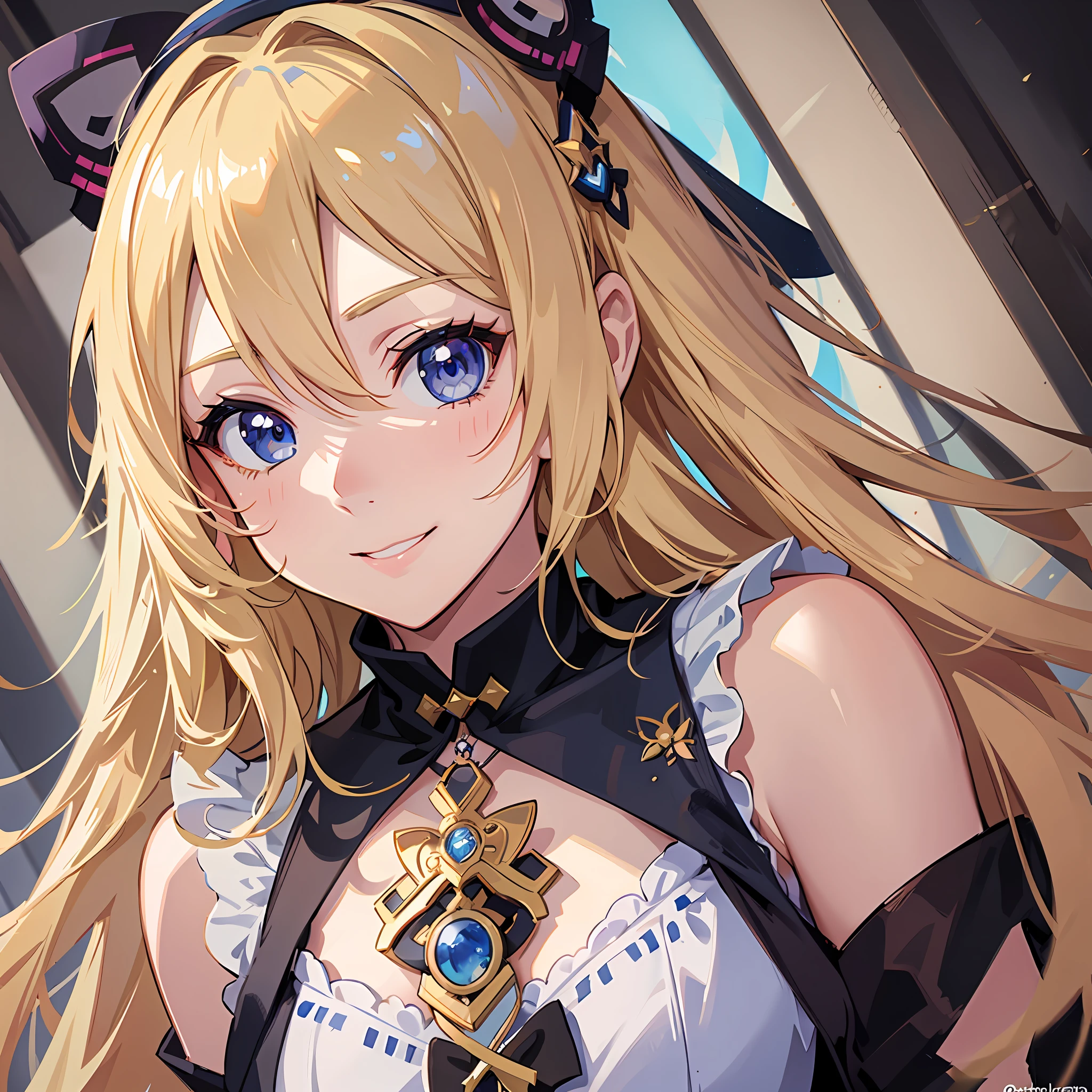 Anime girl with blonde hair and blue eyes wearing a choke, detailed portrait of Anime Girl, anime look of a cute girl, Ayaka Genshin impact, closeup of a young anime girl, detailed digital anime art, black anime pupils in her eyes, anime anime art style, stunning anime face portrait, cute anime portrait, anime look of a young woman, anime girl portrait, smiling