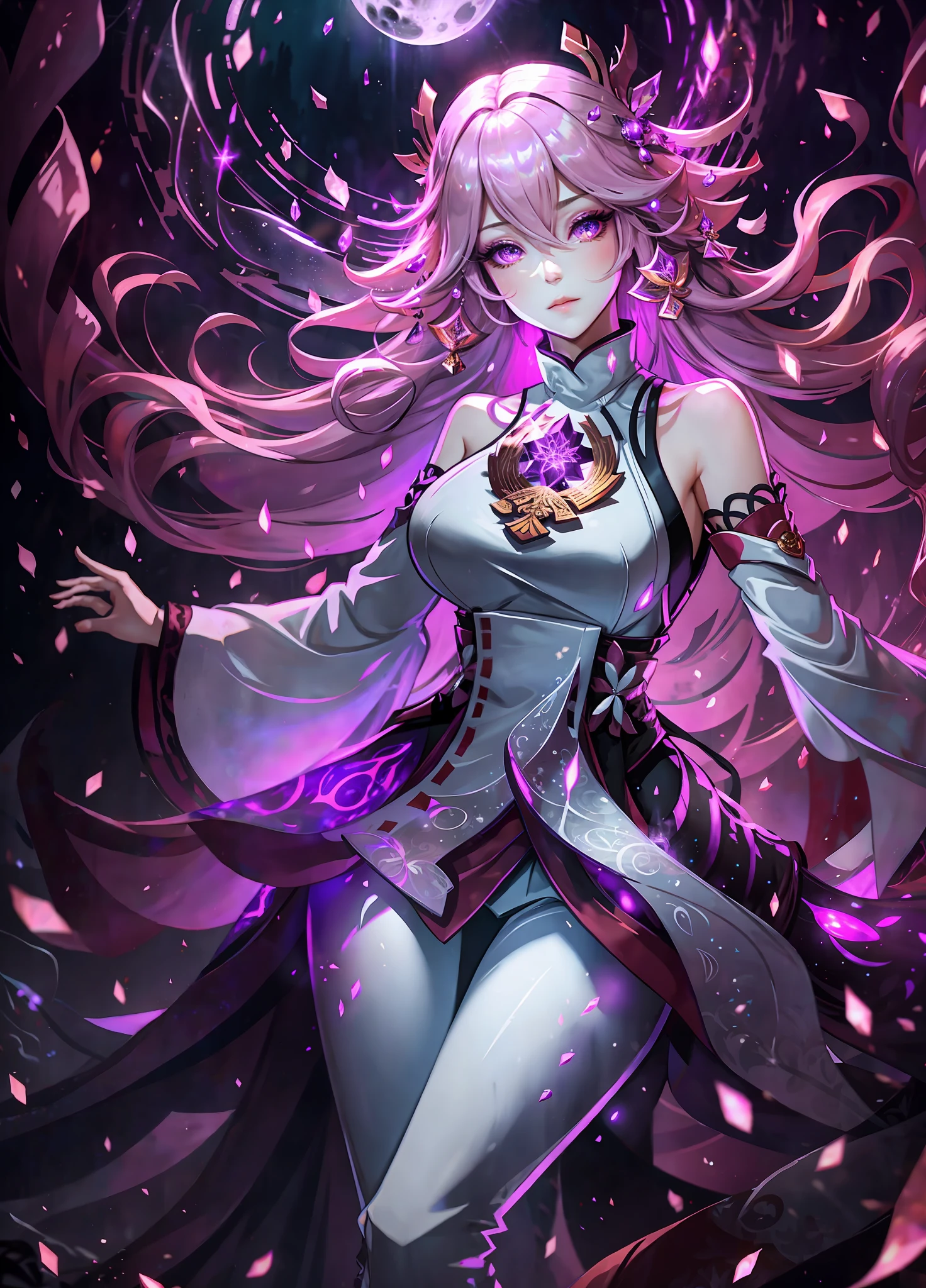 full shot body photo, illustration, cinematic light, horror, highest quality, ultra-detailed, best quality, masterpiece, (detailed face), tall and mature woman, a tall dress covered full body made black , white pants, , glowing flowing sparkles, floating ember crystals, scary hair jewelry, the metal reflecting light, house, long hair, pink hair, yae miko, purple eyes, glowing floating spiders, emitting magic energy, dark, light reflection, horror theme, moonlight, hidden hands --s2