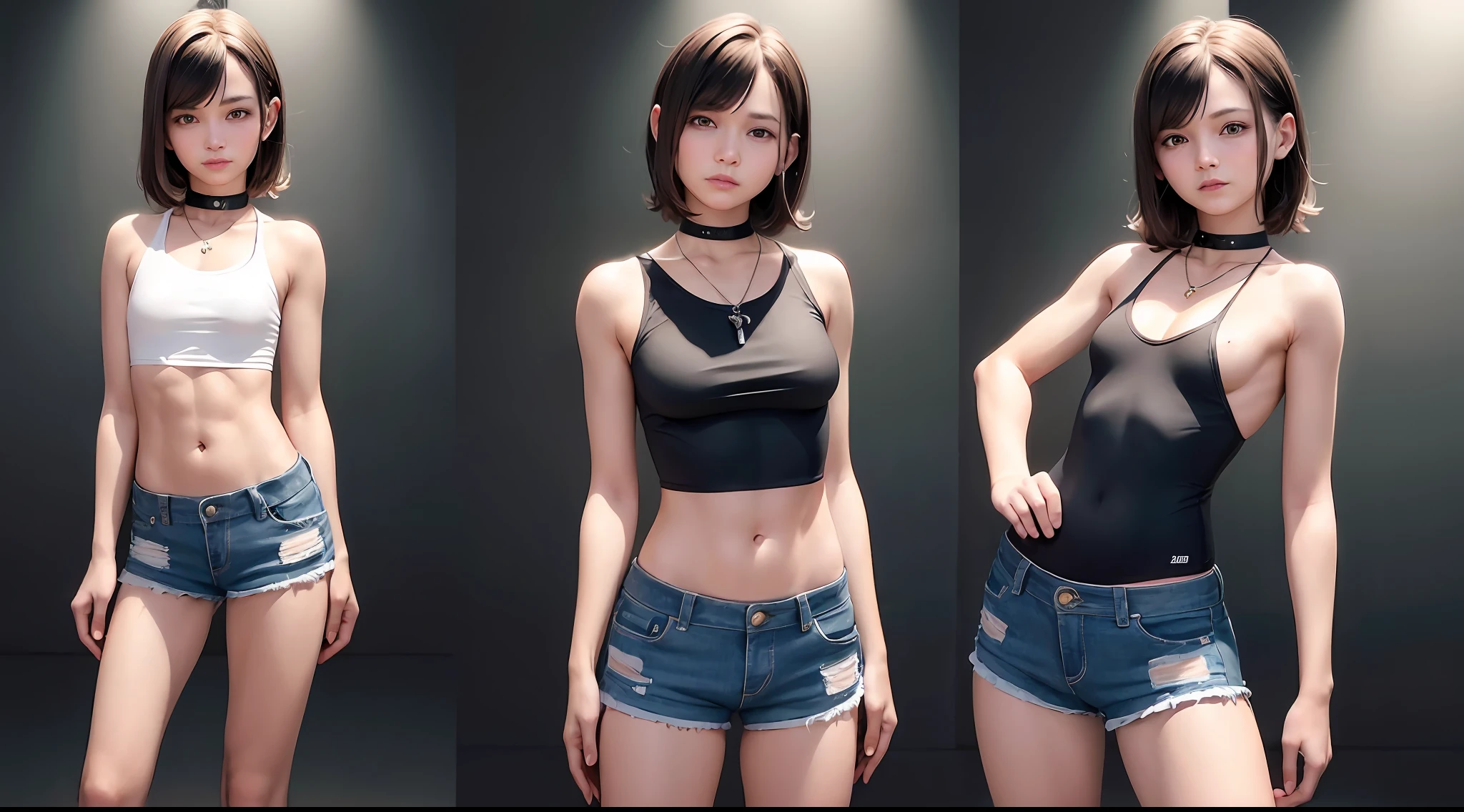 ((medium , tomboy girls, small head)), daylight, sunlight, (chiseled abs : 1.1), (perfect body : 1.1), (short wavy hair : 1.2) , auburn hair, collar, chain, full body shot, crowded street, wearing black tanktop, jeans jacket, ((shorts)), (extremely detailed CG 8k wallpaper), (an extremely delicate and beautiful), (masterpiece), (best quality:1.0), (ultra highres:1.0),  beautiful lighting ,perfect lightning, realistic shadows, [highres], detailed skin, ultra-detailed