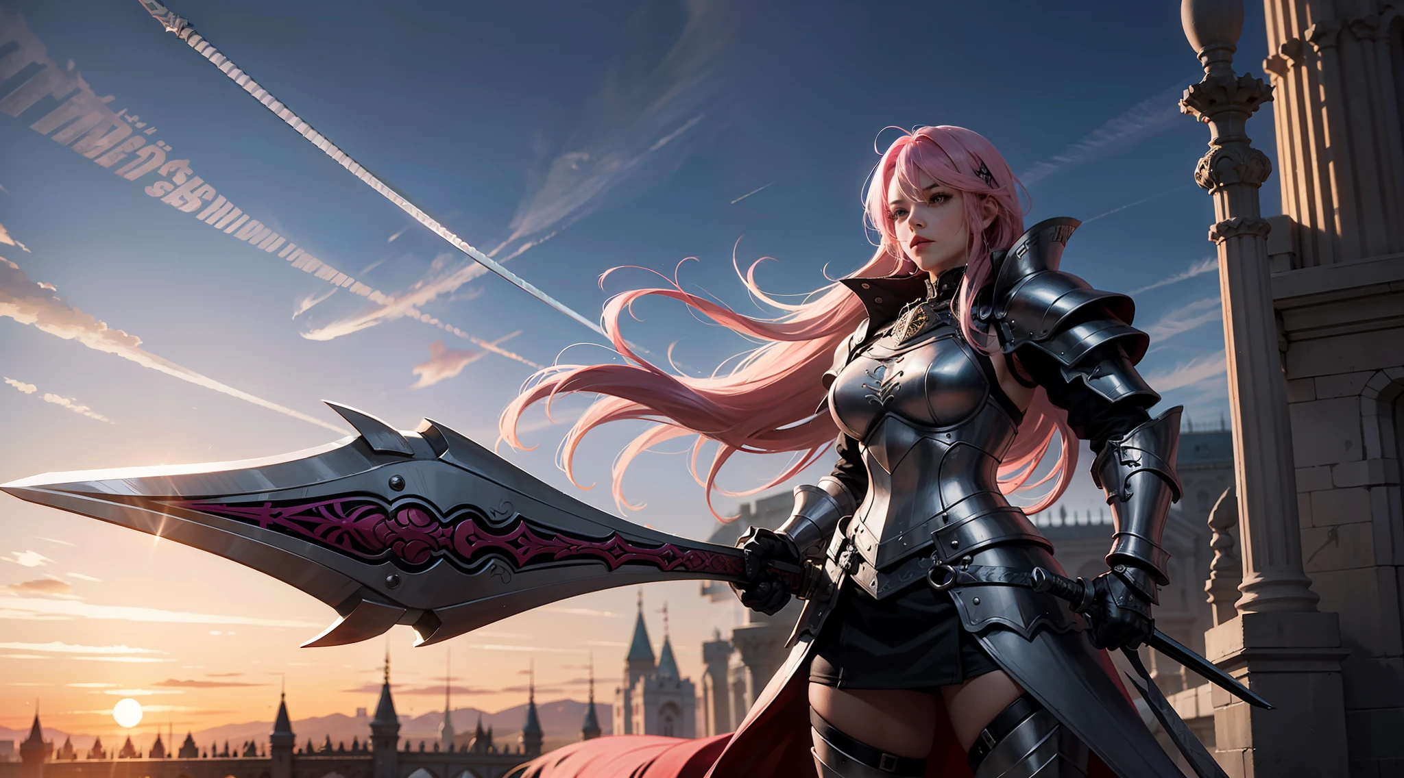 A girl with pink hair and silver locks and heavy armor, holding a giant sword with effort and strength, background of an ornate Gothic palace, Gothic, confidence
