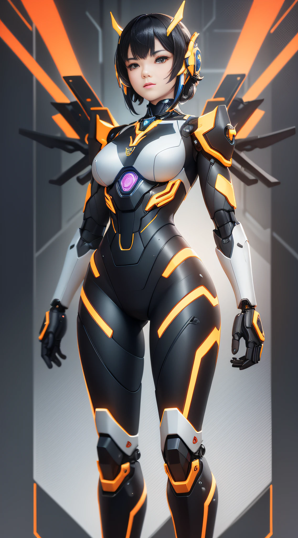 1 Mechanical Chinese Girl, Asian Girl, Clear Face, Face Optimizer, (Super Realistic Details), Carbon Fiber Mech, Bright Mecha, Perfect Blend of Any Mechanics, Full Body Shot, Global Illumination, Octane Rendering, 8K, Cool Mech, Carbon Black and Chinese Red Mixed Mecha, Metallic, Complex, Decoration Detailed, Cold, Cool Color, Highly Complex Details, Realistic Pipeline, Face the Camera, Look at the Audience, Neon Detail, Mechanical Limbs, Mechanical Vertebrae, Mechanical Cervical Vertebrae Attached to the Neck, Bright Colors, hypersaturated colors, digital art, realist style, metal wings,
