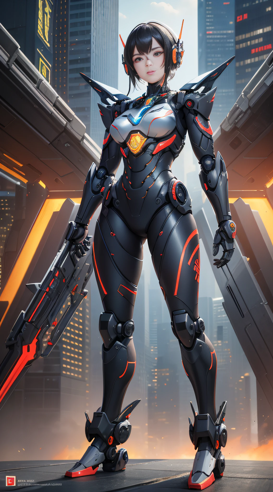 1 Mechanical Chinese Girl, Asian Girl, Clear Face, Face Optimizer, (Super Realistic Details), Carbon Fiber Mech, Bright Mecha, Perfect Blend of Any Mechanics, Full Body Shot, Global Illumination, Octane Rendering, 8K, Cool Mech, Carbon Black and Chinese Red Mixed Mecha, Metallic, Complex, Decoration Detailed, Cold, Cool Color, Highly Complex Details, Realistic Pipeline, Face the Camera, Look at the Audience, Neon Detail, Mechanical Limbs, Mechanical Vertebrae, Mechanical Cervical Vertebrae Attached to the Neck, Bright Colors, hypersaturated colors, digital art, realist style, metal wings,