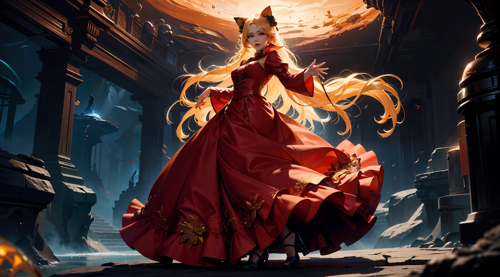 A lady with golden hair and a large red bow and wearing a flowing floral dress, parading in an aquarium above the lava, background of a dark cave with shadows and lights on her face, goth, confidence