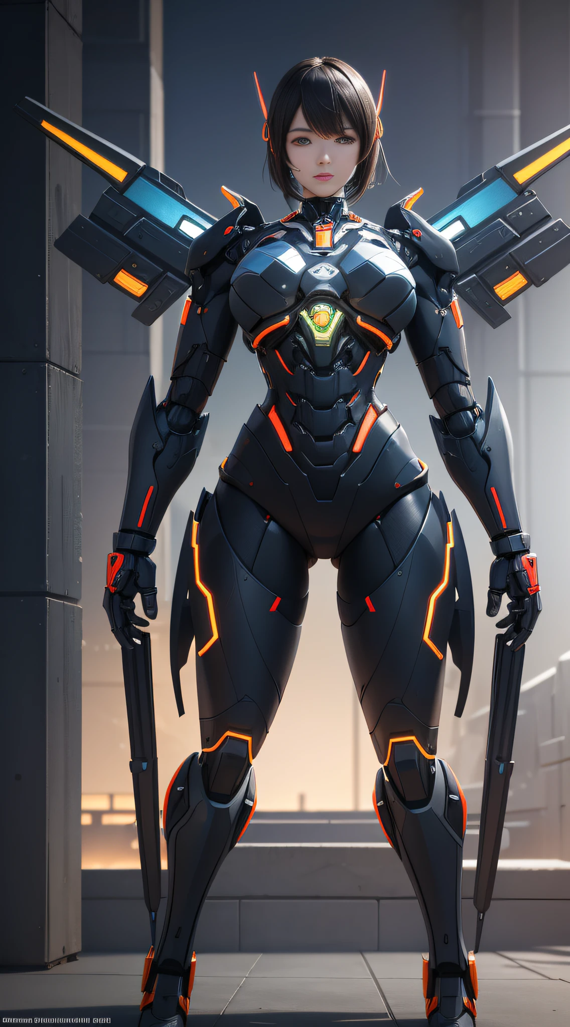 1 Mechanical Chinese Girl, Asian Girl, Clear Face, Face Optimizer, (Super Realistic Details), Carbon Fiber Mech, Bright Mecha, Perfect Blend of Any Mechanics, Full Body Shot, Global Illumination, Octane Rendering, 8K, Cool Mech, Carbon Black and Chinese Red Mixed Mecha, Metallic, Complex, Decoration Detailed, Cold, Cool Color, Highly Complex Details, Realistic Pipeline, Face the Camera, Look at the Audience, Neon Detail, Mechanical Limbs, Mechanical Vertebrae, Mechanical Cervical Vertebrae Attached to the Neck, Bright Colors, hypersaturated colors, digital art, realist style, metal wings,