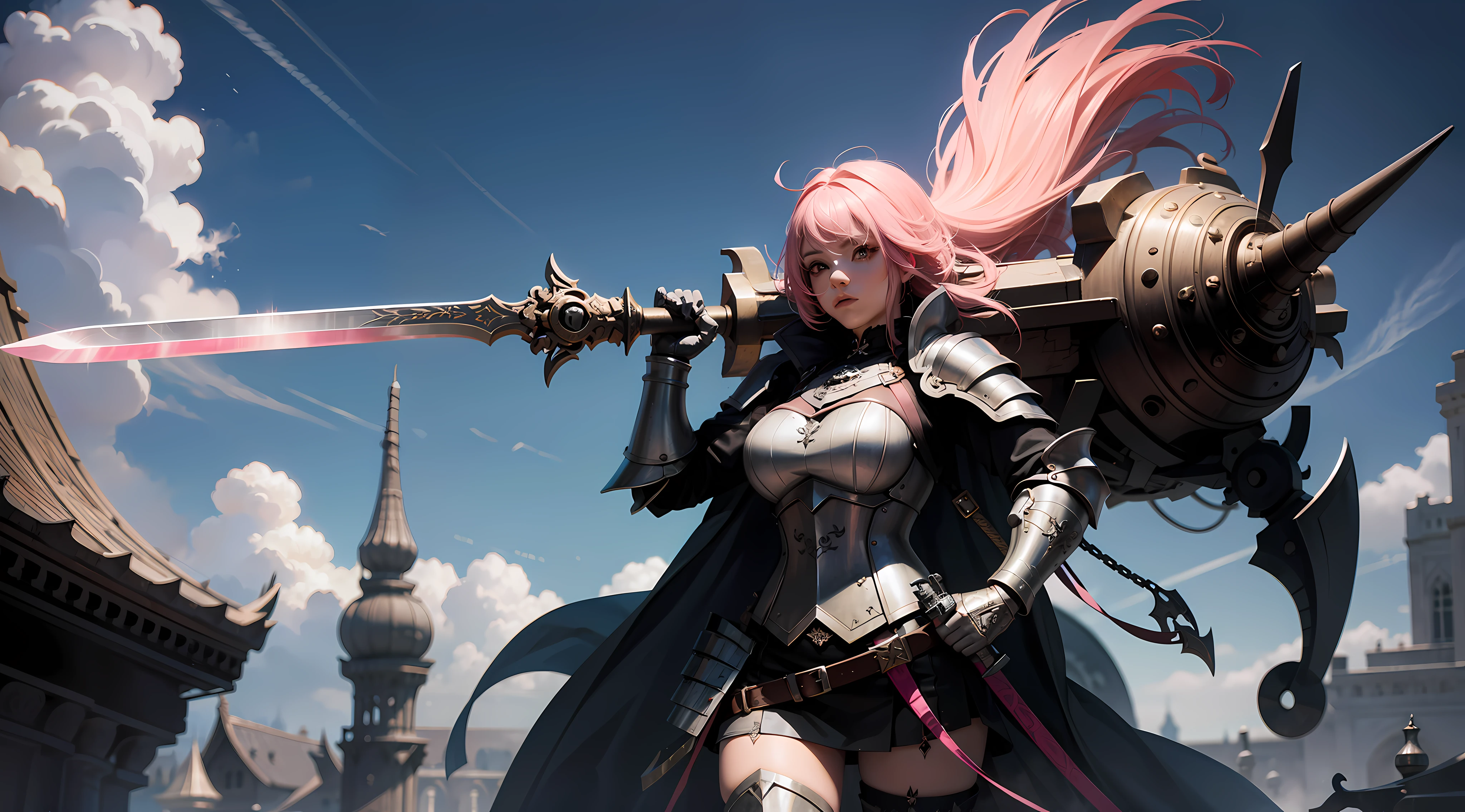 A girl with pink hair and silver locks and heavy armor, holding a giant sword with effort and strength, background of an ornate Gothic palace, Gothic, confidence