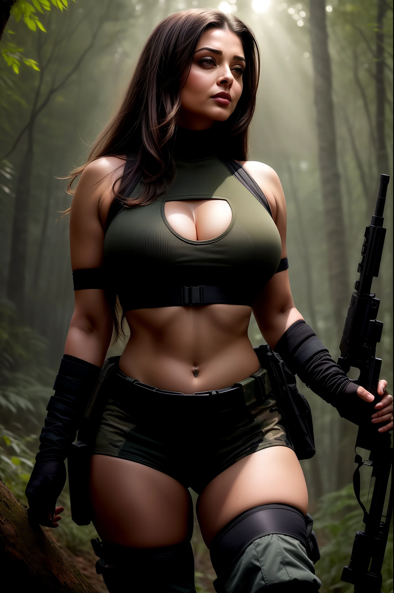 night scene, full body of aishwarya rai, army lady with guns, massive cleavage, large breasts, hourglass figure, posing in forest, wearing camouflage hotpants and tank top, knee high boots, thick thighs, sexy jawline, seductive face, look at camera and winking, black ponytail hair, erotic adult face, 40 yo, soft volumetric lights, (backlit:1.3), (cinematic:1.3), intricate details, (ArtStation:1.2)