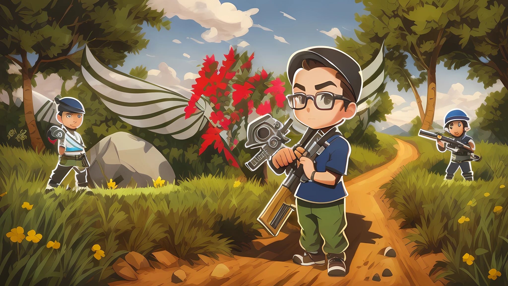 cartoon of a boy with a rifle and a stone in a field, official fanart, official art, mk ninja, kilbourne kellogg miner, mine kings, stylized game art, high quality fanart, mobile game art, minagho, inspired by max klinger, game art, key art, official art, mine
