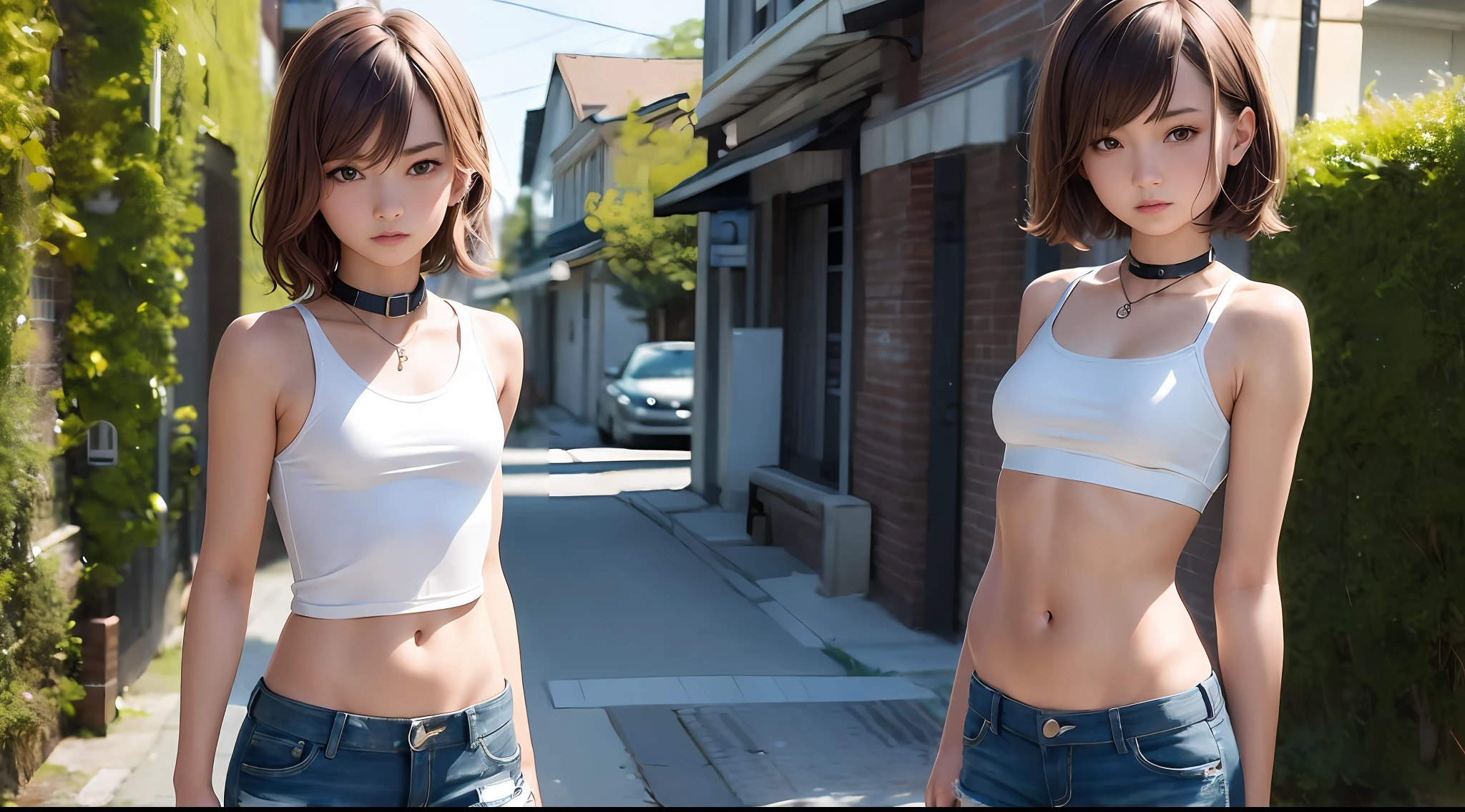 ((medium breast, tomboy girls, small head)), daylight, sunlight, (chiseled abs : 1.1), (perfect body : 1.1), (short wavy hair : 1.2) , auburn hair, collar, chain, full body shot, crowded street, wearing black tanktop, jeans jacket, ((shorts)), (extremely detailed CG 8k wallpaper), (an extremely delicate and beautiful), (masterpiece), (best quality:1.0), (ultra highres:1.0),  beautiful lighting ,perfect lightning, realistic shadows, [highres], detailed skin, ultra-detailed