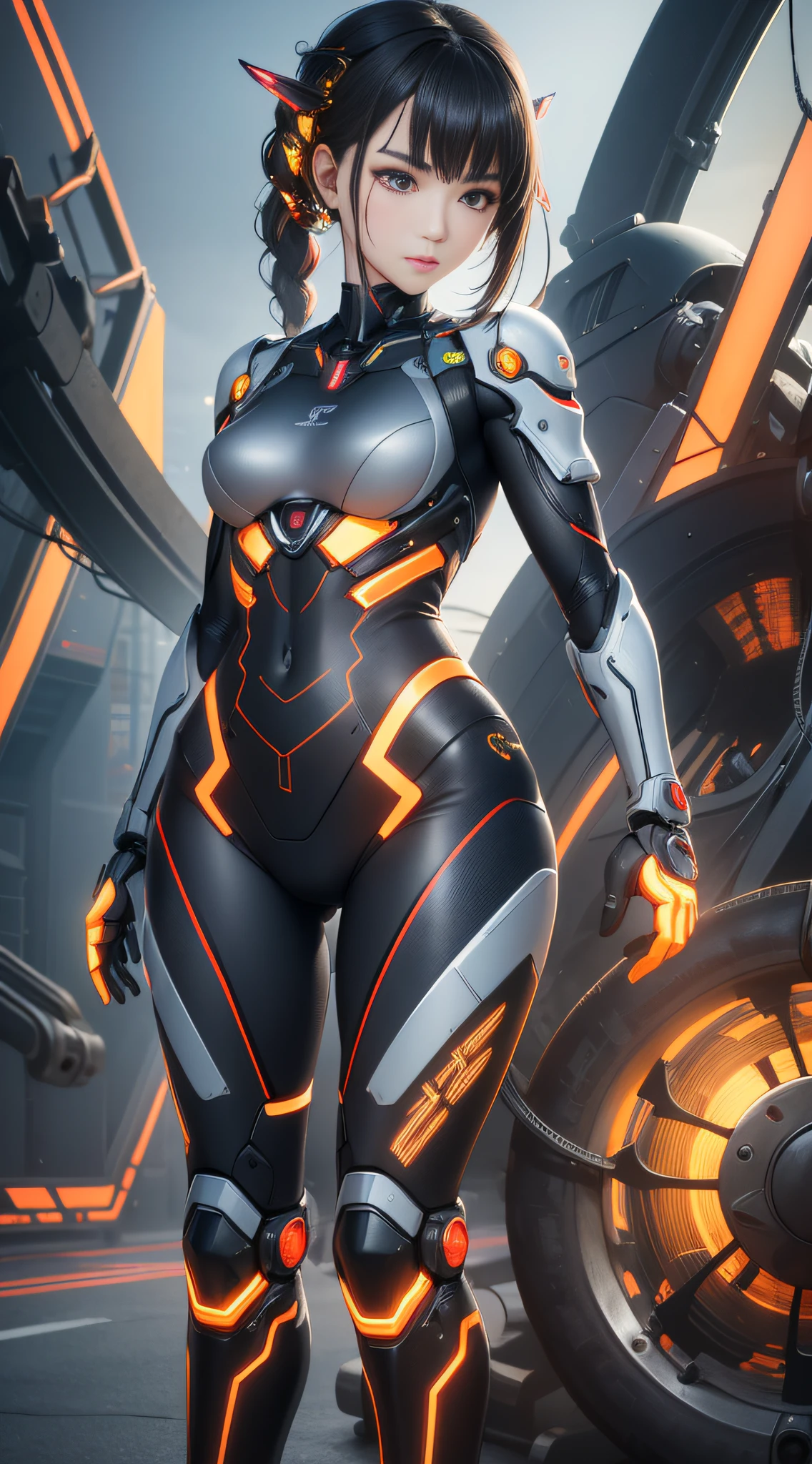 1 mechanical Chinese girl, Asian girl, clear facial features, facial optimization, (ultra-realistic details), carbon fiber mech, shiny mech, perfect fusion of any machinery, full body shot, global illumination, octane value rendering, 8K, cool mech, carbon black mixed with Chinese red mech, metal, intricate, detailed decorations, cold, cool colors, highly complex details, realistic pipelines, facing the camera, looking at the audience, neon light details, mechanical limbs, mechanical spine, mechanical cervical vertebrae connected to the neck, vibrant colors, super-saturated colors, digital art, realism style, metal wings.