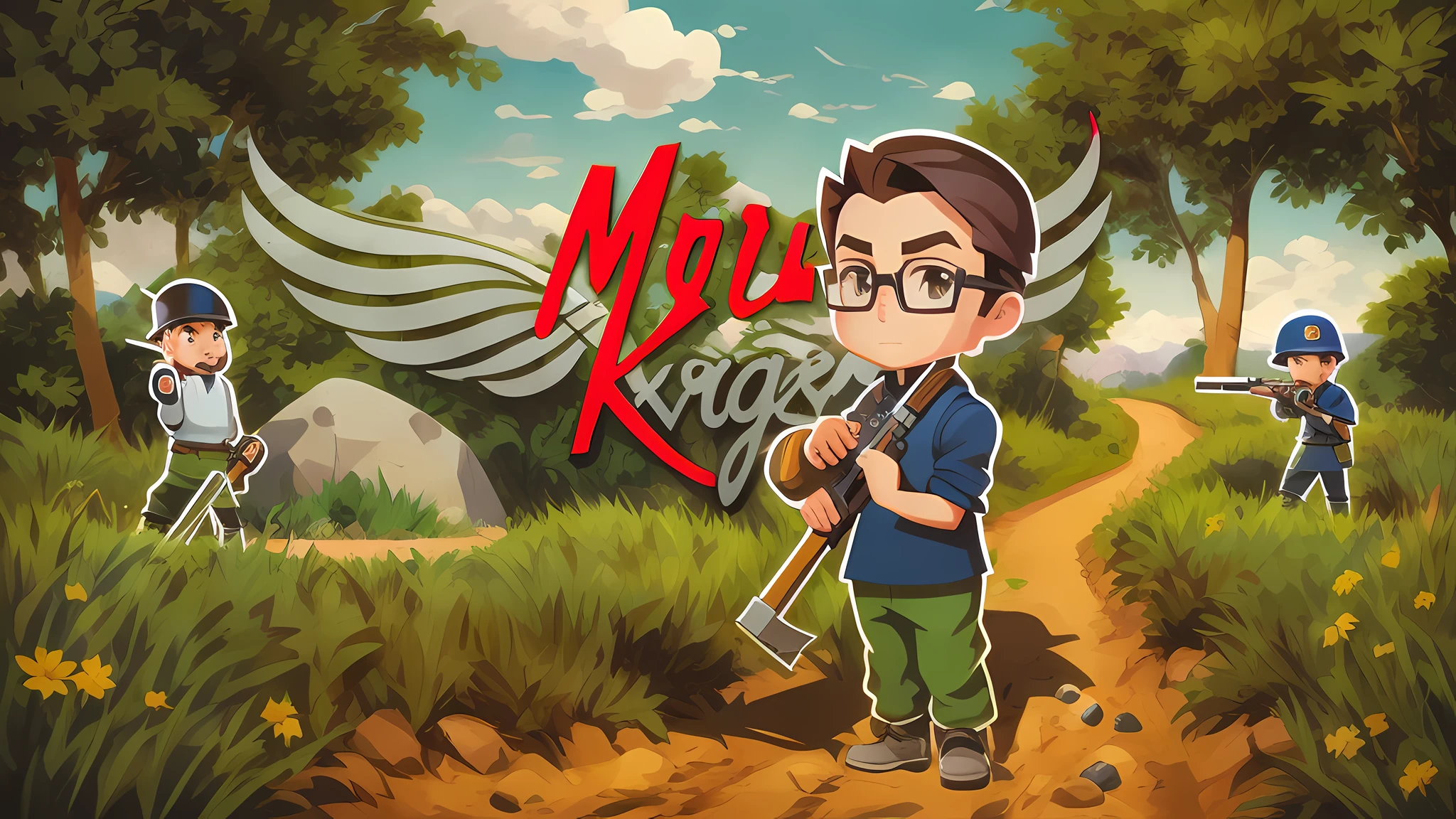cartoon of a boy with a rifle and a stone in a field, official fanart, official art, mk ninja, kilbourne kellogg miner, mine kings, stylized game art, high quality fanart, mobile game art, minagho, inspired by max klinger, game art, key art, official art, mine