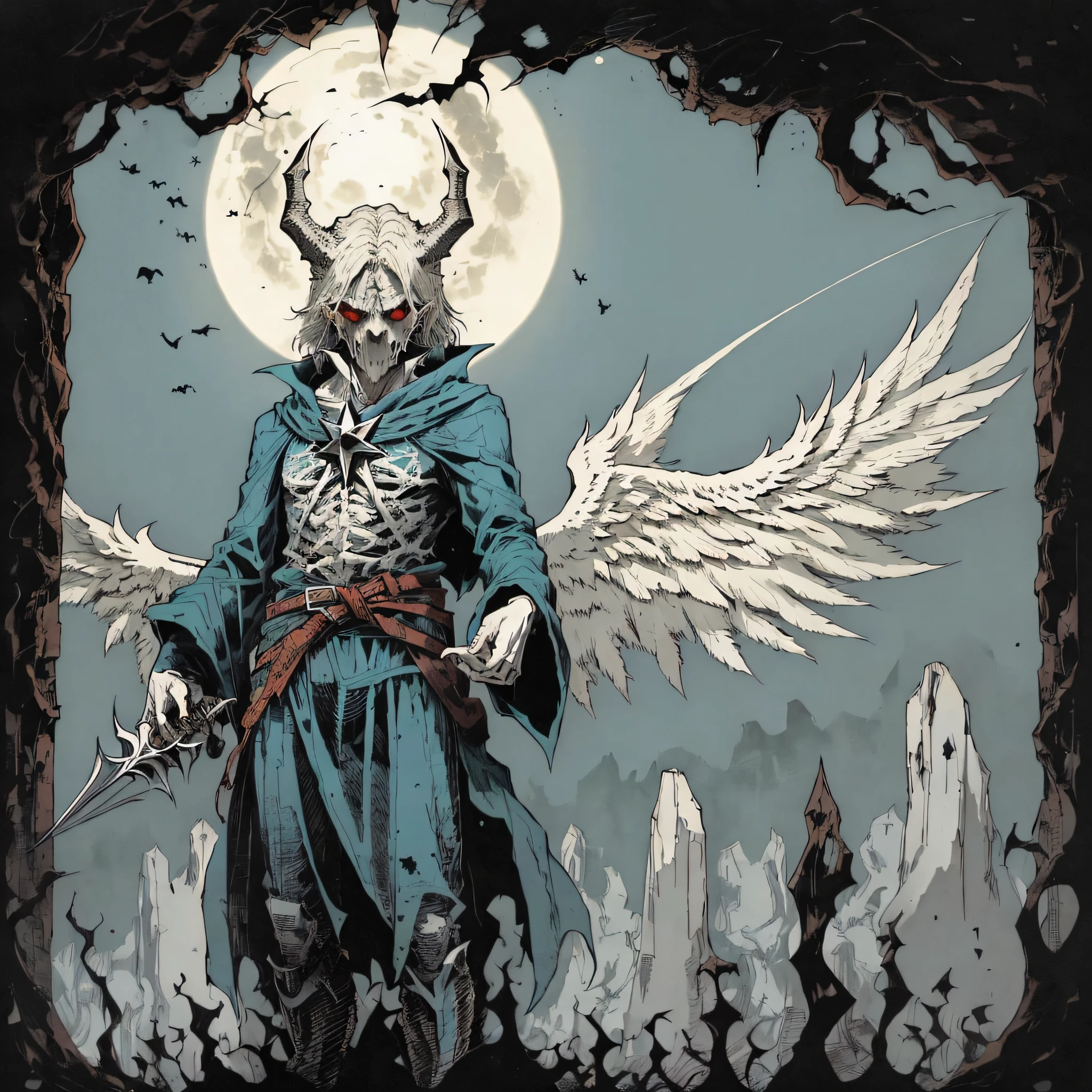 Create an oversized cut shirt with a grungrave style screen print. Combine in a minimalist style an angel that looks like a devil hugging a star.