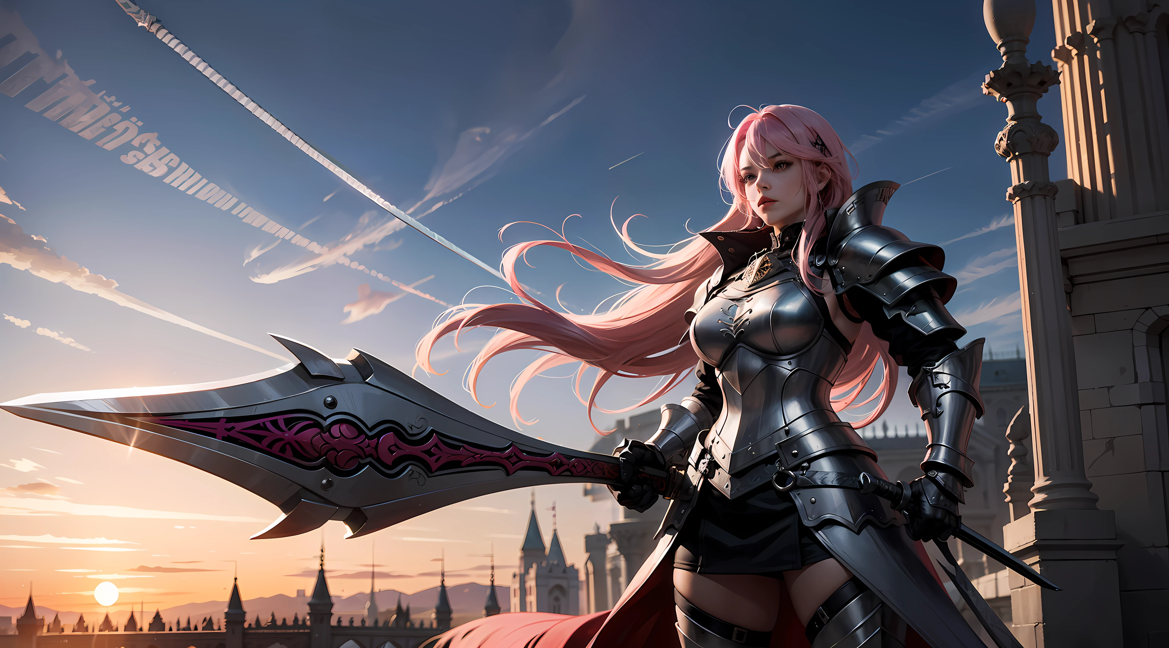 A girl with pink hair and silver locks and heavy armor, holding a giant sword with effort and strength, background of an ornate Gothic palace, Gothic, confidence