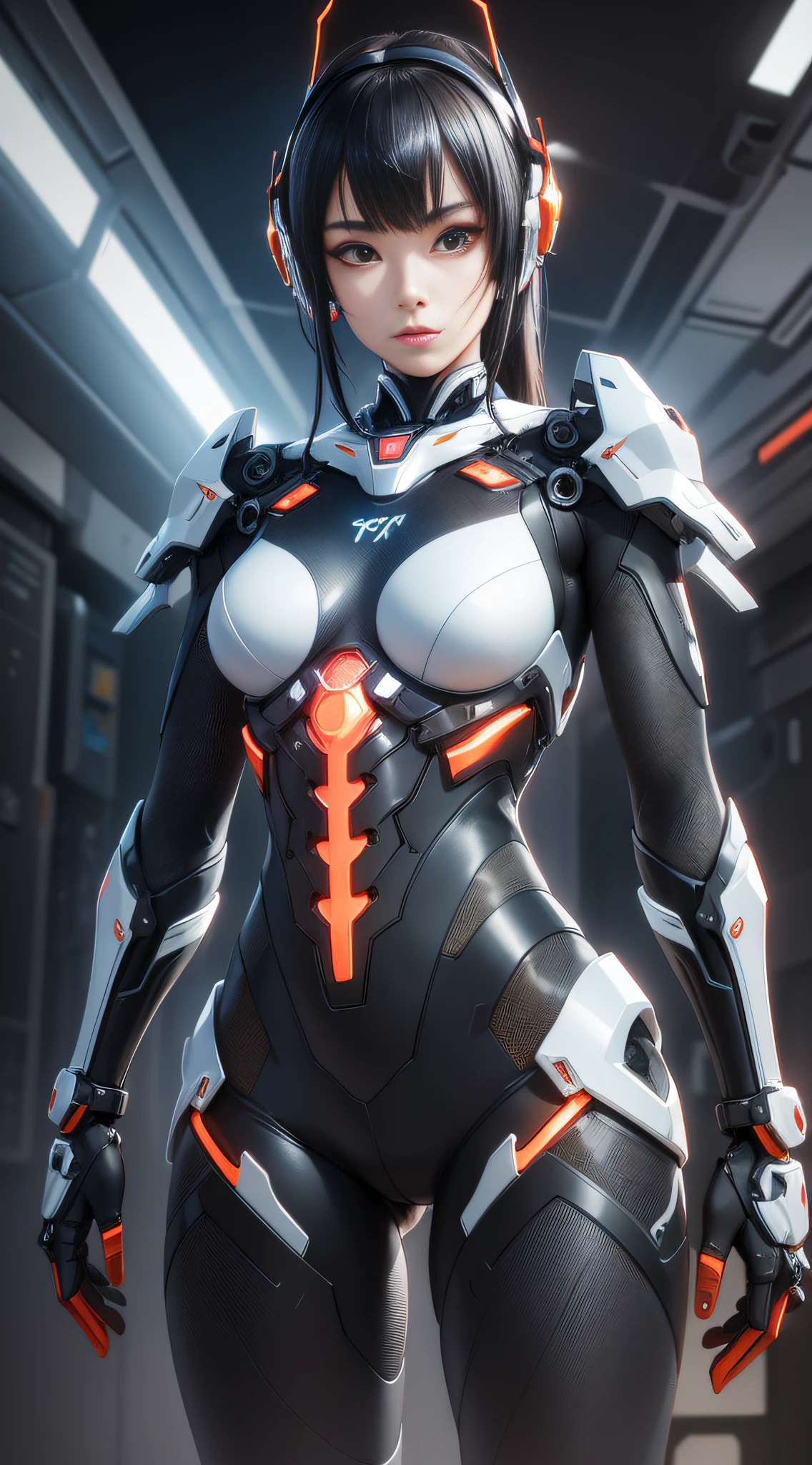 1 mechanical Chinese girl, Asian girl, clear facial features, facial optimization, (ultra-realistic details), carbon fiber mech, shiny mech, perfect fusion of any machinery, full body shot, global illumination, octane value rendering, 8K, cool mech, carbon black mixed with Chinese red mech, metal, intricate, detailed decorations, cold, cool colors, highly complex details, realistic pipelines, facing the camera, looking at the audience, neon light details, mechanical limbs, mechanical spine, mechanical cervical vertebrae connected to the neck, vibrant colors, super-saturated colors, digital art, realism style, metal wings.