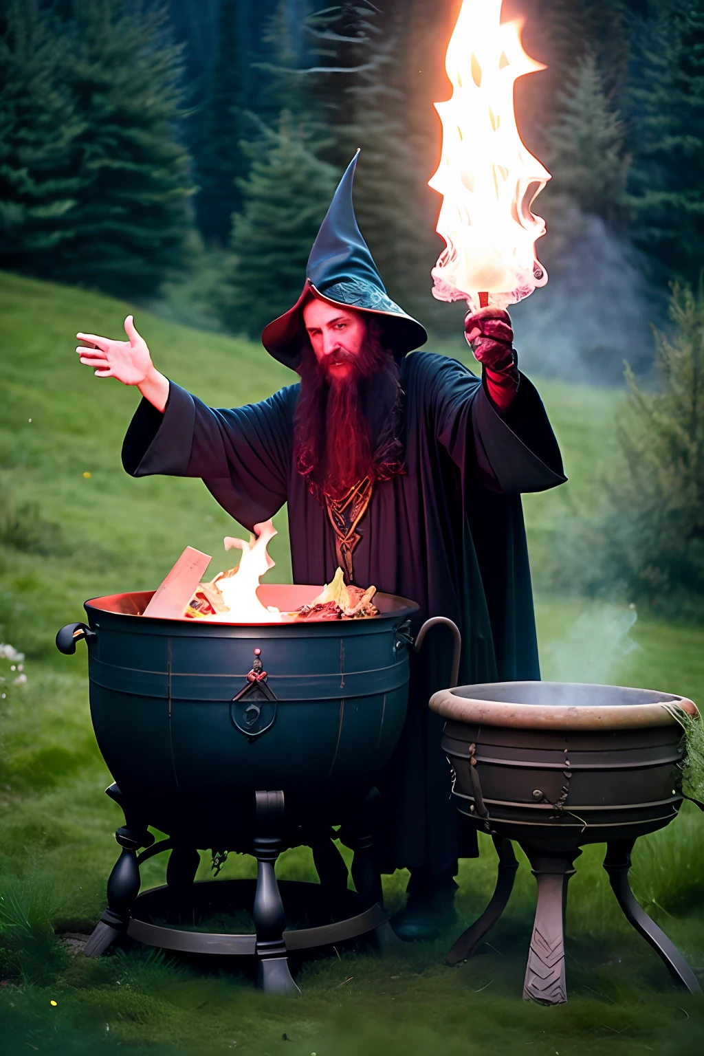 A dark combrooupas wizard, conjuring a spell from a cauldron