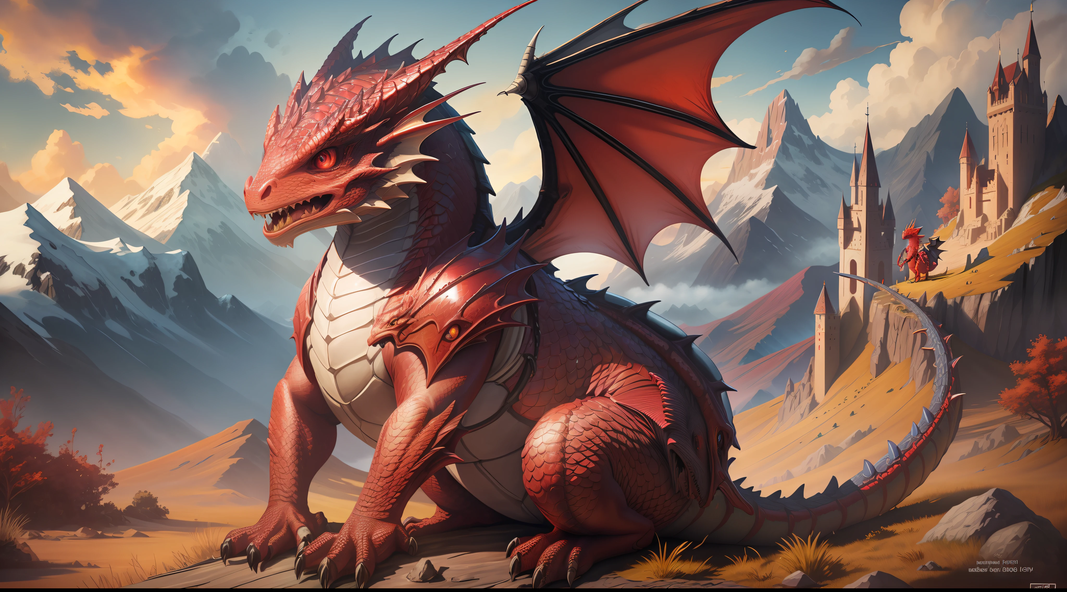 happy dragon cub, sitting, medieval fantasy, mountain, bright red scales, solar lighting, realistic shadows, ultra realistic photo, intricate detailed, high resolution, photographic quality, 8k resolution