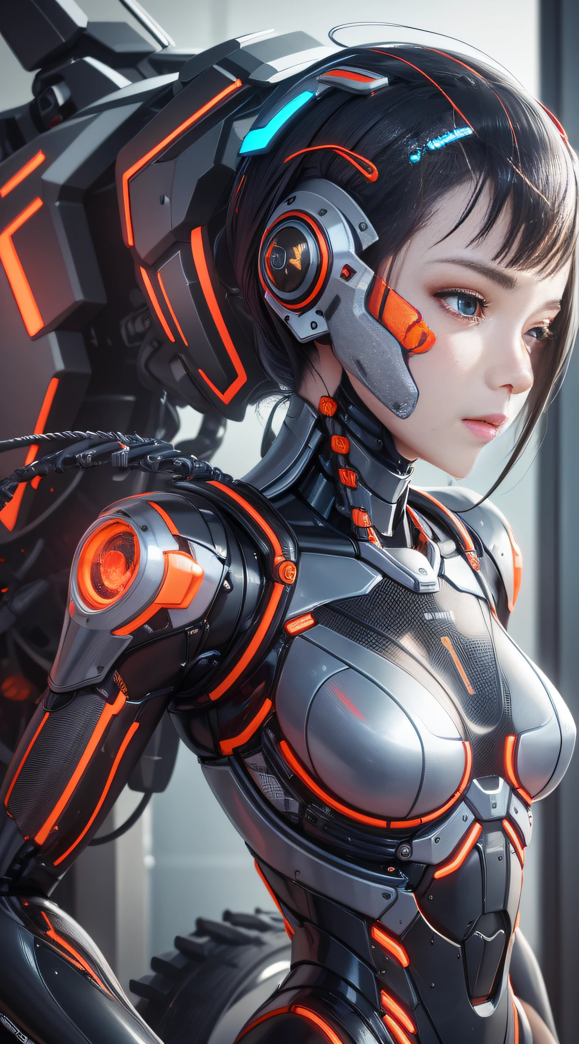 1 mechanical Chinese girl, Asian girl, clear facial features, facial optimization, (ultra-realistic details), carbon fiber mech, shiny mech, perfect fusion of any machinery, full body shot, global illumination, octane value rendering, 8K, cool mech, carbon black mixed with Chinese red mech, metal, intricate, detailed decorations, cold, cool colors, highly complex details, realistic pipelines, facing the camera, looking at the audience, neon light details, mechanical limbs, mechanical spine, mechanical cervical vertebrae connected to the neck, vibrant colors, super-saturated colors, digital art, realism style, metal wings.