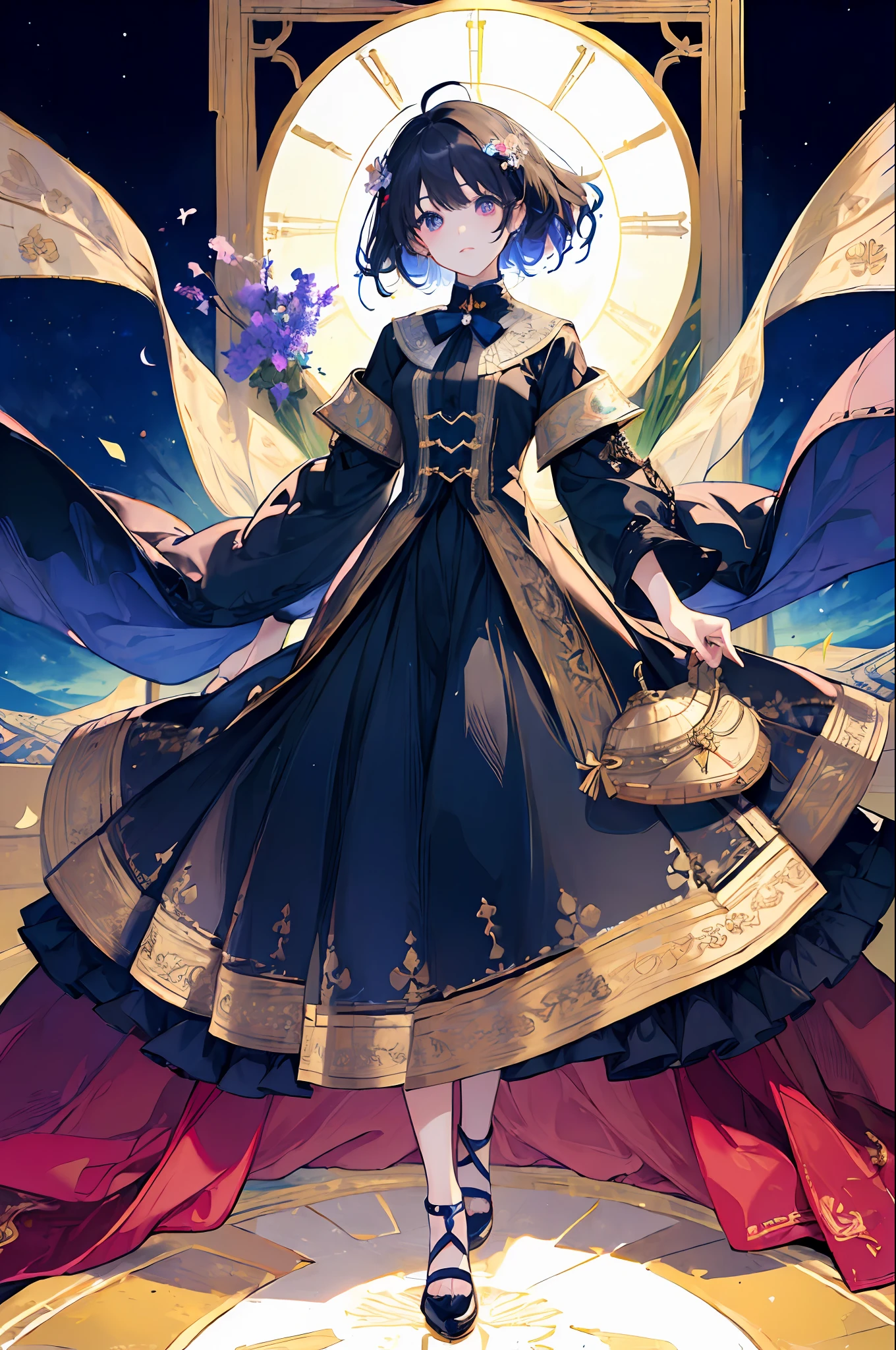 (( wide shot, full body:1.5)),// (((masterpiece))), (((best quality))), ((ultra-detailed)), (illustration), (1 girl), brazilian girl, curly hair, (solo), ((an extremely delicate and beautiful)), girl, ((beautiful detailed sky)), beautiful detailed eyes, hairs between eyes, ribbons, bowties, heart buttons, bare shoulders, blank stare, close to viewer, ((breeze)), Flying splashes, Flying petals, wind, brown hair, multi color eyes, hair ornament,gacha style alter, gacha splash, official art, glowing particles
