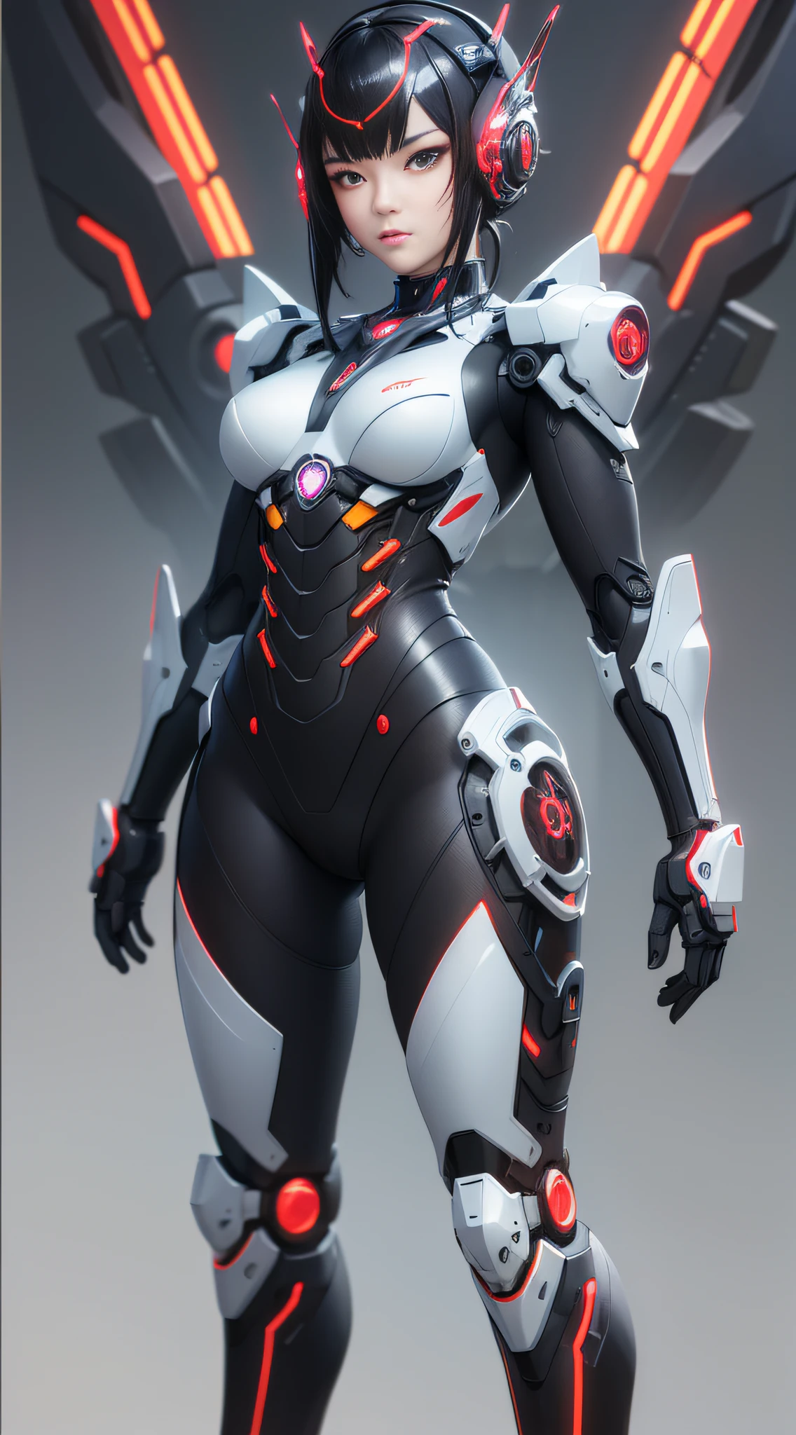 1 mechanical Chinese girl, Asian girl, clear facial features, facial optimization, (ultra-realistic details), carbon fiber mech, shiny mech, perfect fusion of any machinery, full body shot, global illumination, octane value rendering, 8K, cool mech, carbon black mixed with Chinese red mech, metal, intricate, detailed decorations, cold, cool colors, highly complex details, realistic pipelines, facing the camera, looking at the audience, neon light details, mechanical limbs, mechanical spine, mechanical cervical vertebrae connected to the neck, vibrant colors, super-saturated colors, digital art, realism style, metal wings.