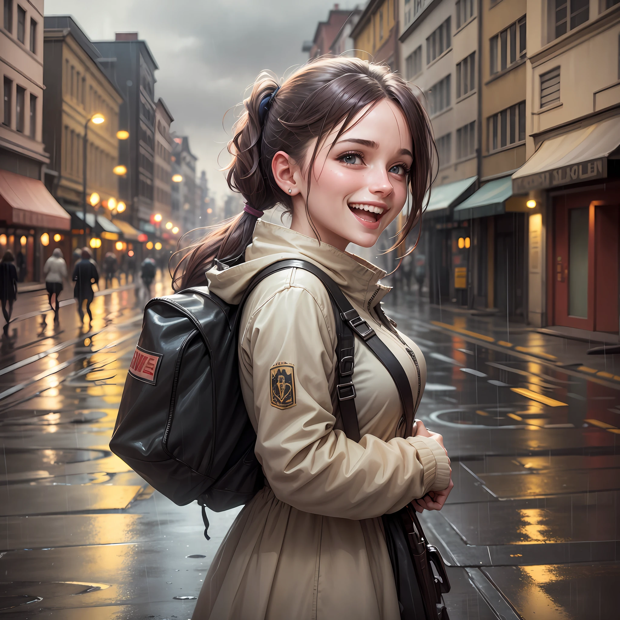 A young woman laughing in the street with ponytails. (HDR:1.3), (soft colors:1.2), dramatic atmosphere, complex and cinematic background. Inspired by Rutkowski's work on Artstation (rutkowski, artstation:0.8), with a touch of rain-soaked feel. --auto --s2