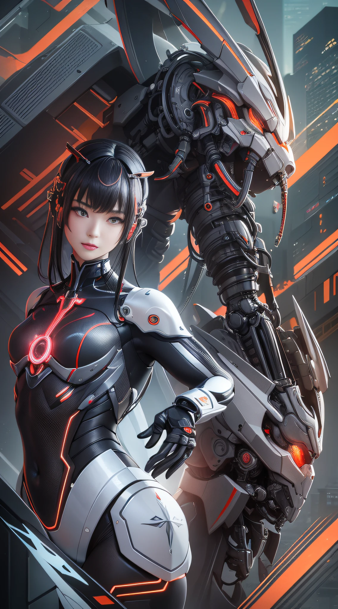 1 mechanical Chinese girl, Asian girl, clear facial features, facial optimization, (ultra-realistic details), carbon fiber mech, shiny mech, perfect fusion of any machinery, full body shot, global illumination, octane value rendering, 8K, cool mech, carbon black mixed with Chinese red mech, metal, intricate, detailed decorations, cold, cool colors, highly complex details, realistic pipelines, facing the camera, looking at the audience, neon light details, mechanical limbs, mechanical spine, mechanical cervical vertebrae connected to the neck, vibrant colors, super-saturated colors, digital art, realism style, metal wings.