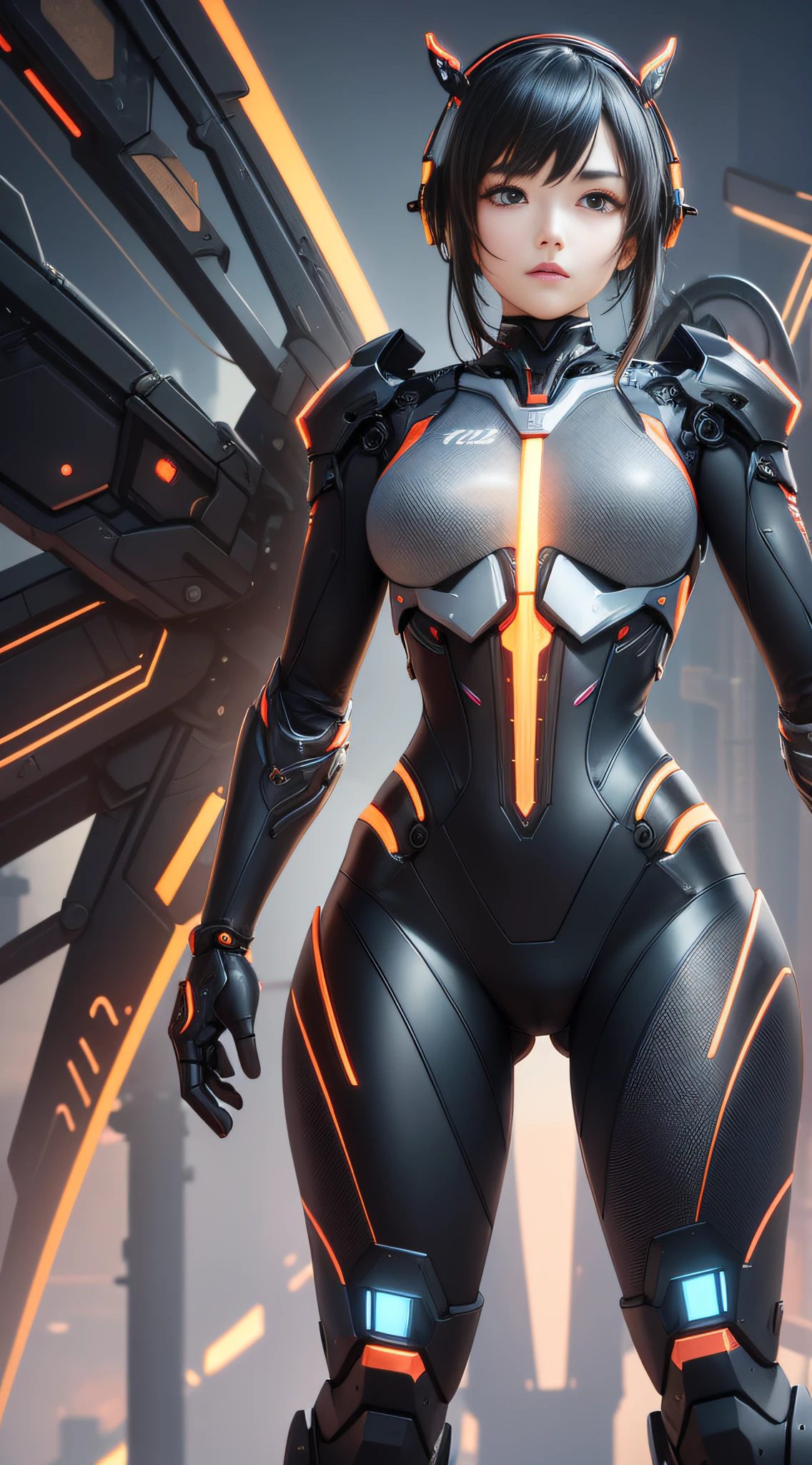 1 mechanical Chinese girl, Asian girl, clear facial features, facial optimization, (ultra-realistic details), carbon fiber mech, shiny mech, perfect fusion of any machinery, full body shot, global illumination, octane value rendering, 8K, cool mech, carbon black mixed with Chinese red mech, metal, intricate, detailed decorations, cold, cool colors, highly complex details, realistic pipelines, facing the camera, looking at the audience, neon light details, mechanical limbs, mechanical spine, mechanical cervical vertebrae connected to the neck, vibrant colors, super-saturated colors, digital art, realism style, metal wings.