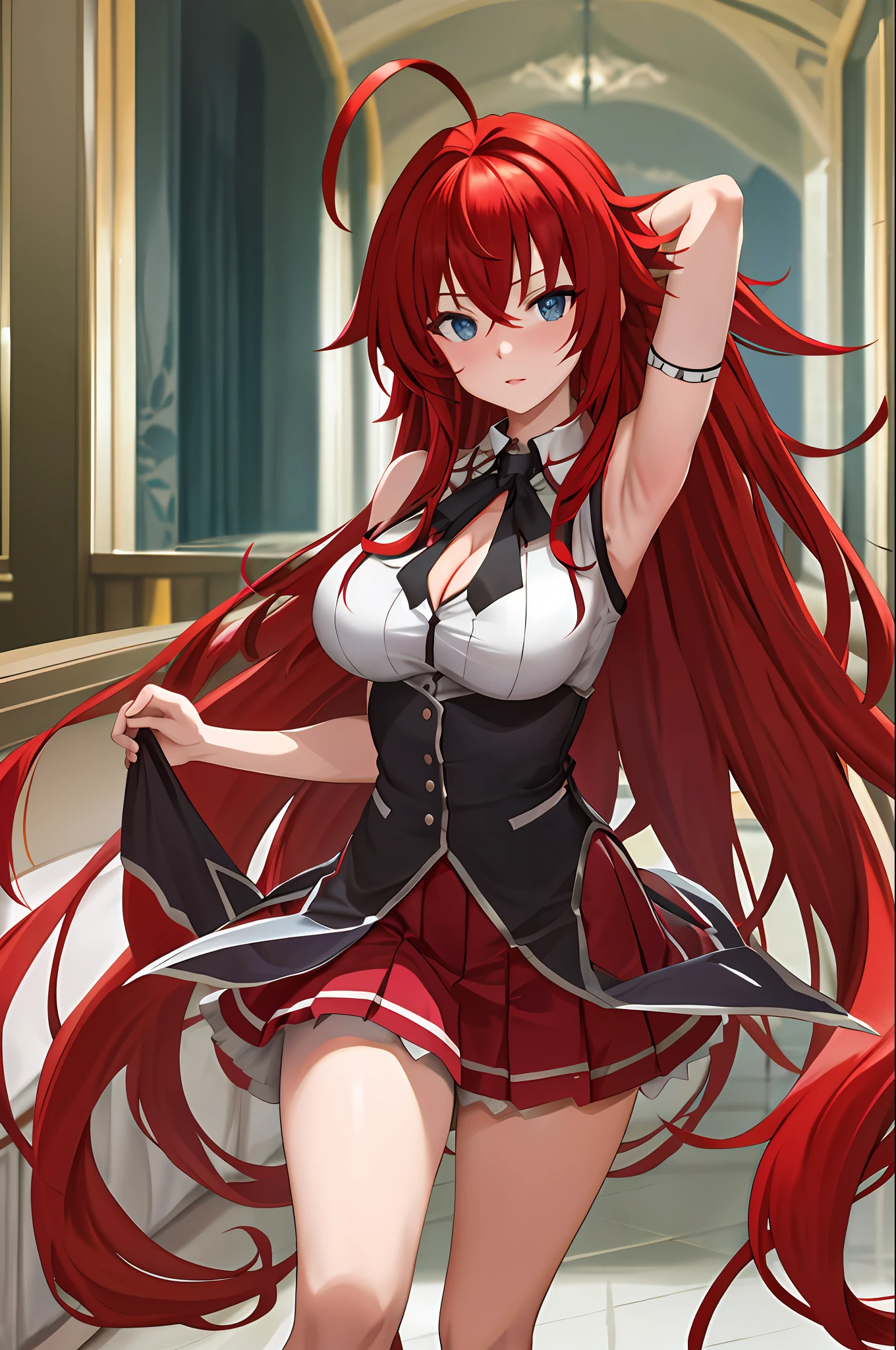 masterpiece, best quality, highres, rias gremory, 1girl, long hair, red hair, ahoge, blue eyes, large breasts, breasts, cleavage, white shirt, collared shirt, sleeveless, red skirt, pleated skirt, arms behind head, standing,