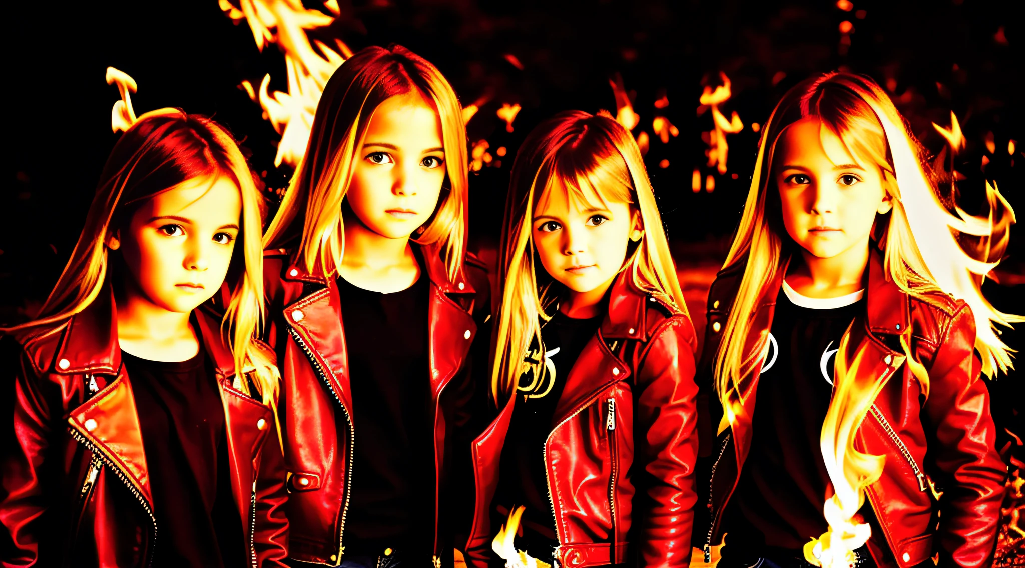 3 girls blonde children WITH STRAIGHT HAIR, RED LEATHER JACKET AND BLACK CLOTHING. PORTRAT STYLE, flames are glowing in the dark with a reflection of fire, flames of fire, flames in the background, fire and flames, flames in the background, place of fire roaring, flames of fire in the background, flames in flames, flames in the background, red flames in the background, fire and flames and smoke, fire in flames, many flames, flame and fire, fire in the background, Multiple flames