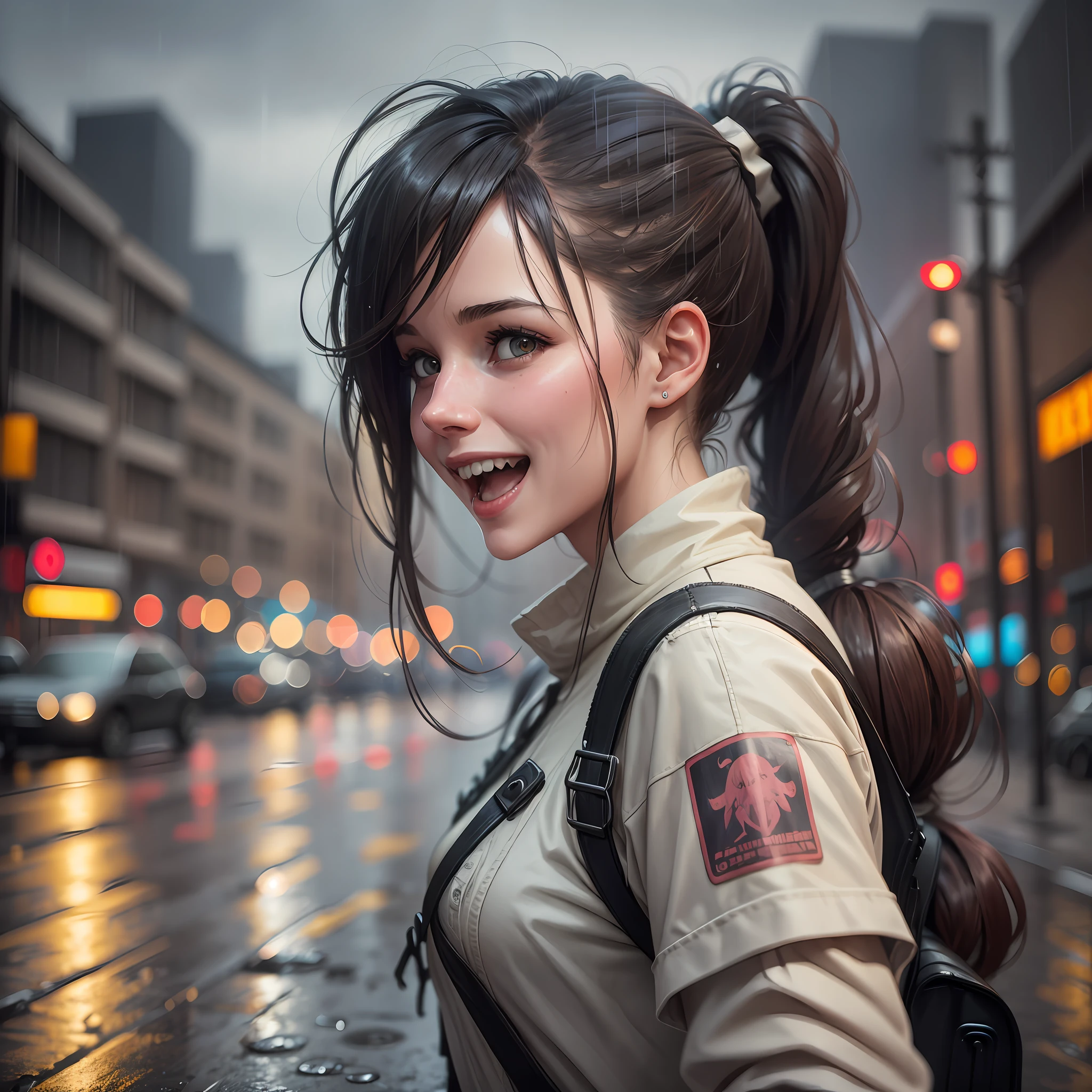 A young woman laughing in the street with ponytails. (HDR:1.3), (soft colors:1.2), dramatic atmosphere, complex and cinematic background. Inspired by Rutkowski's work on Artstation (rutkowski, artstation:0.8), with a touch of rain-soaked feel. --auto --s2