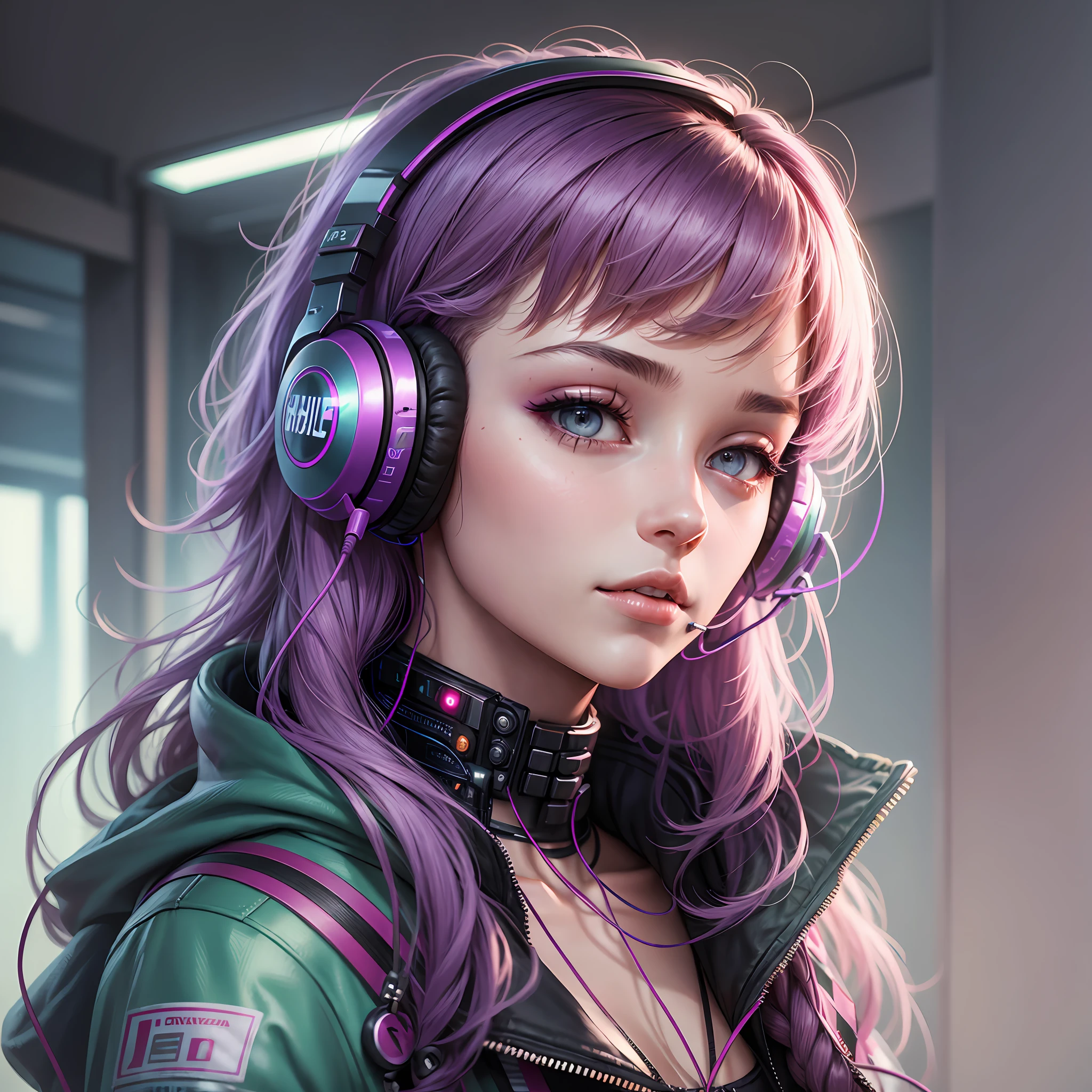 Beautiful student, cyberpunk style, listening to music with her futuristic headphone on a spring day --auto --s2