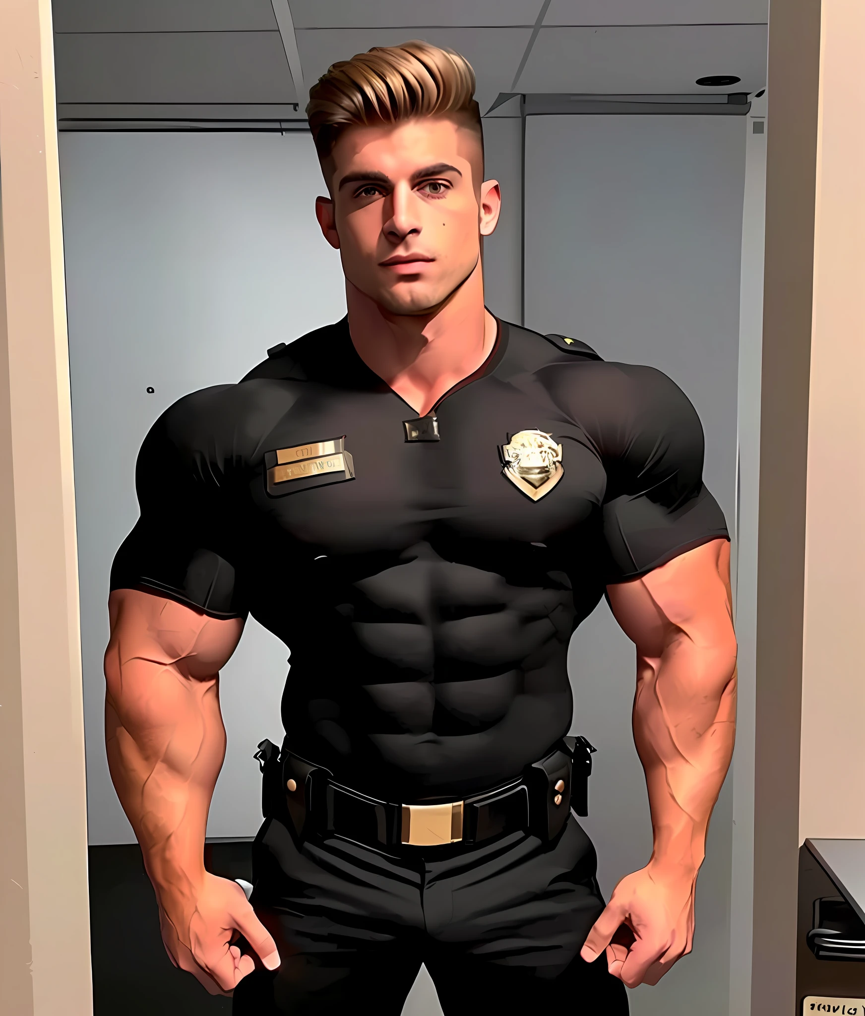 arafed man ((resembling Cody Calafiore) in uniform posing for a picture in a mirror, muscled, very beautiful. big muscles, large muscles, very fit and extremely muscular, muscular, exaggerated muscle physique, big muscles, strong and imposing, massive muscles, extremely muscular, in black uniform, exaggeratedly large physique, muscle, bodybuilder body, huge muscles, very muscly