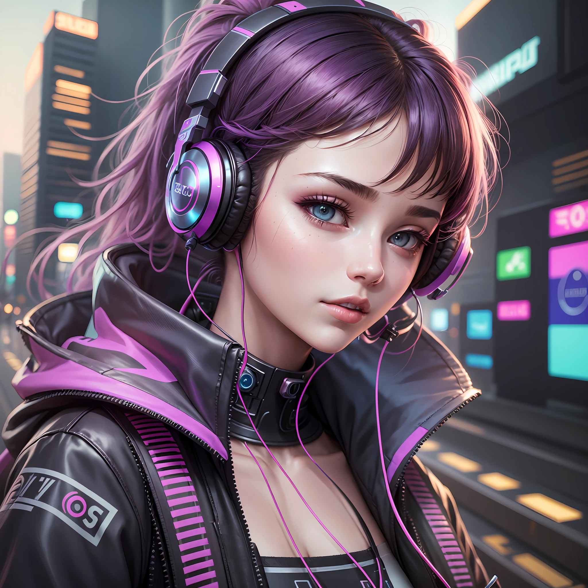 Beautiful student, cyberpunk style, listening to music with her futuristic headphone on a spring day --auto --s2