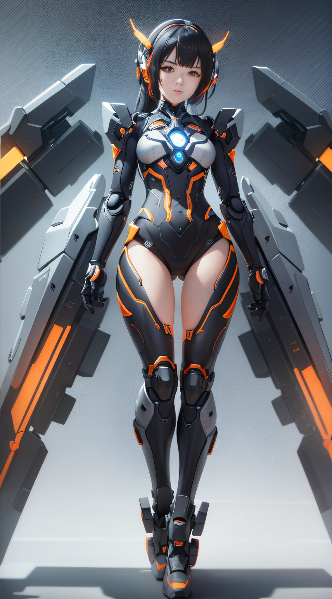 1 mechanical Chinese girl, Asian girl, clear facial features, facial optimization, (ultra-realistic details), carbon fiber mech, shiny mech, perfect fusion of any machinery, full body shot, global illumination, octane value rendering, 8K, cool mech, carbon black mixed with Chinese red mech, metal, intricate, detailed decorations, cold, cool colors, highly complex details, realistic pipelines, facing the camera, looking at the audience, neon light details, mechanical limbs, mechanical spine, mechanical cervical vertebrae connected to the neck, vibrant colors, super-saturated colors, digital art, realism style, metal wings.