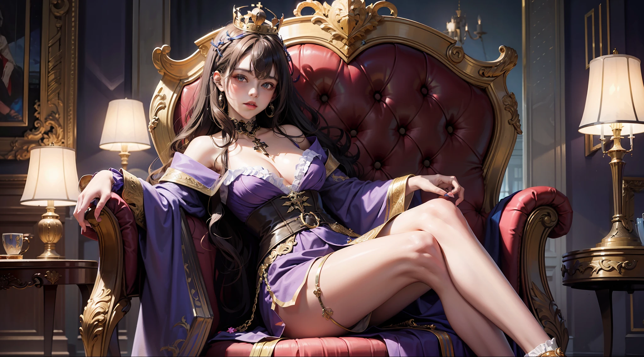 A girl with blue and brown curly hair wearing a purple queen's robe with a cross crown, almost lying down-sitting on an ornate, sloppy, gothic throne