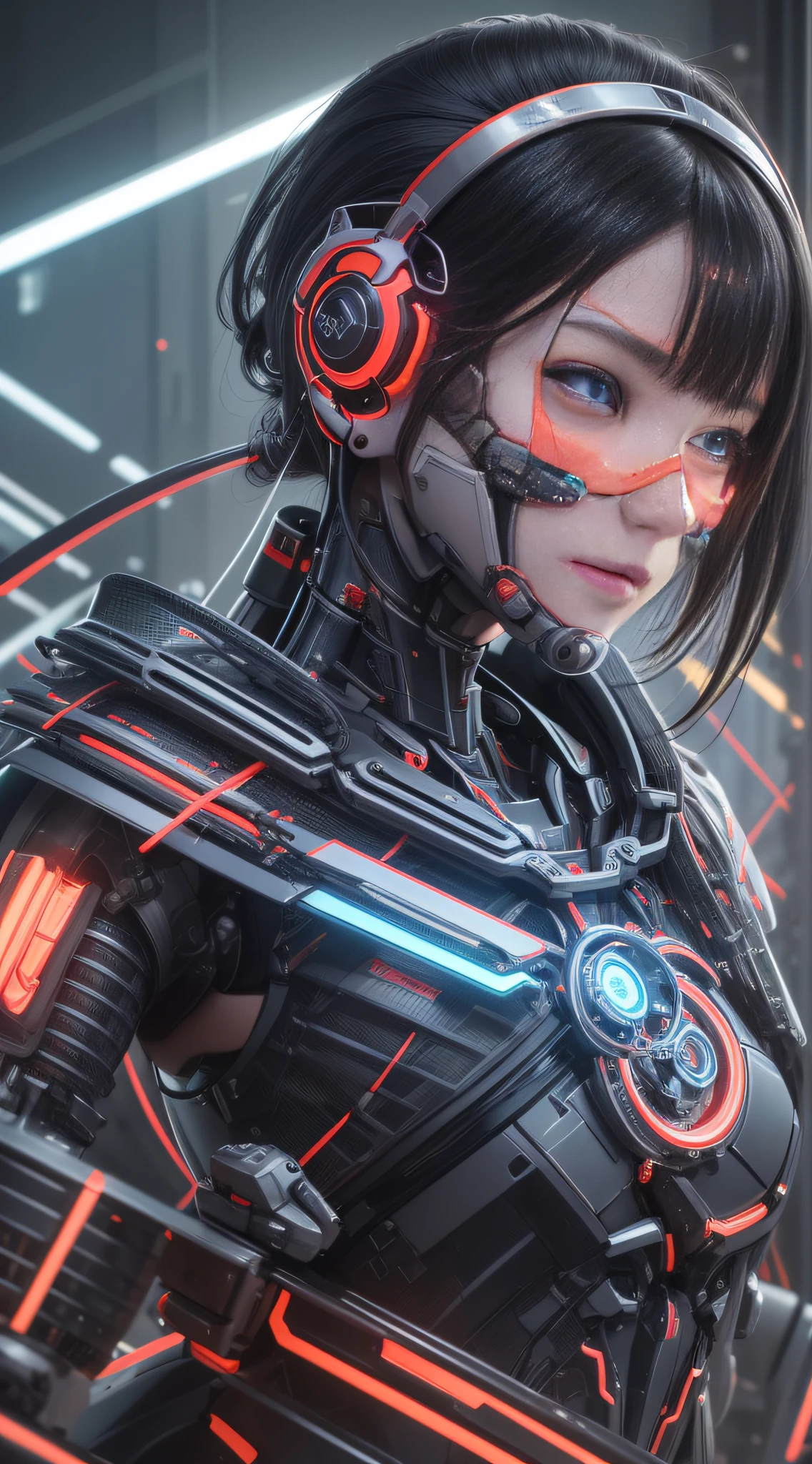 1 mechanical Chinese girl, Asian girl, clear facial features, facial optimization, (ultra-realistic details), carbon fiber mech, shiny mech, perfect fusion of any machinery, full body shot, global illumination, octane value rendering, 8K, cool mech, carbon black mixed with Chinese red mech, metal, intricate, detailed decorations, cold, cool colors, highly complex details, realistic pipelines, facing the camera, looking at the audience, neon light details, mechanical limbs, mechanical spine, mechanical cervical vertebrae connected to the neck, vibrant colors, super-saturated colors, digital art, realism style, metal wings.
