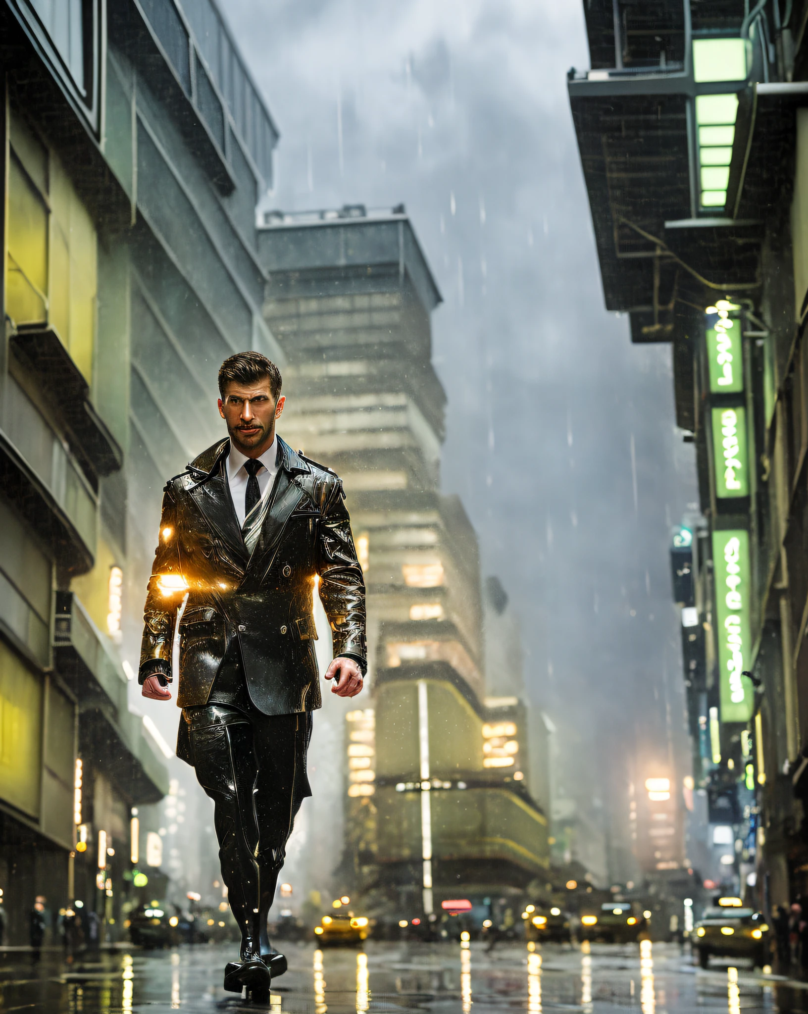 masterpiece, best quality, highres, realistic, handsome gay facial features, police coat, rainy wet weather, soaking wet skin, raindrops, thunder storm, blade runner, dystopia, science fiction, biomechanical details,  bright neon lights, dark looming buildings, barechest, big pecs, pale skin, pulled down pants,short black hair,((young))