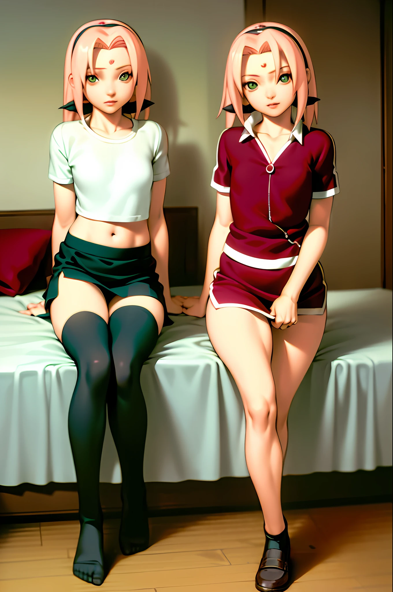 masterpiece, best quality, 1girl, Sakura Haruno, small breasts, toned, looking at the viewer, school uniform, lifting shirt, thigh socks, midriff, in bed, sun, mini skirt raised, no panties (green eyes: 0.6)